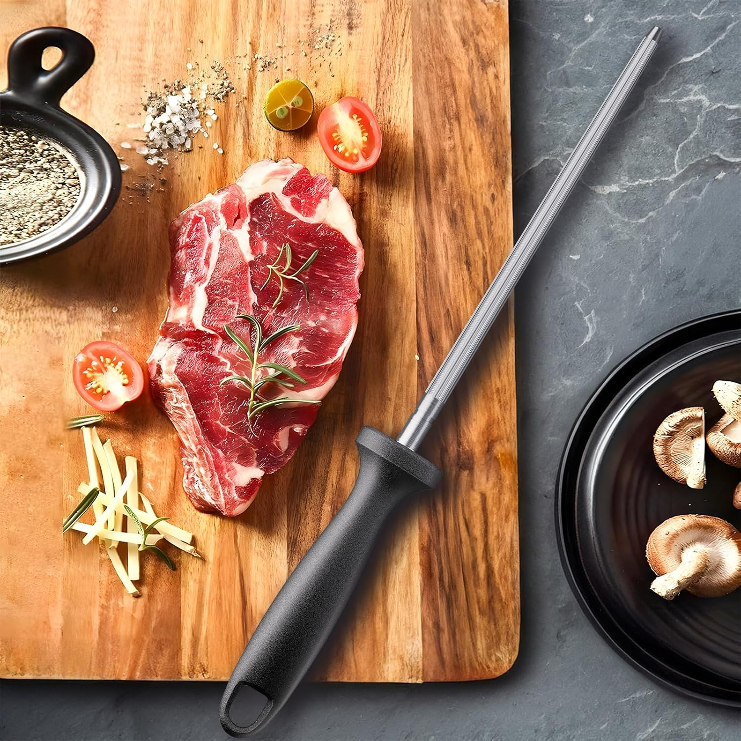 Knife Sharpener Rod, Fanerfun13 Inches Carbon Steel Professional Knife Sharpening Steel, Knife Sharpener with Hanging Holes image number 2