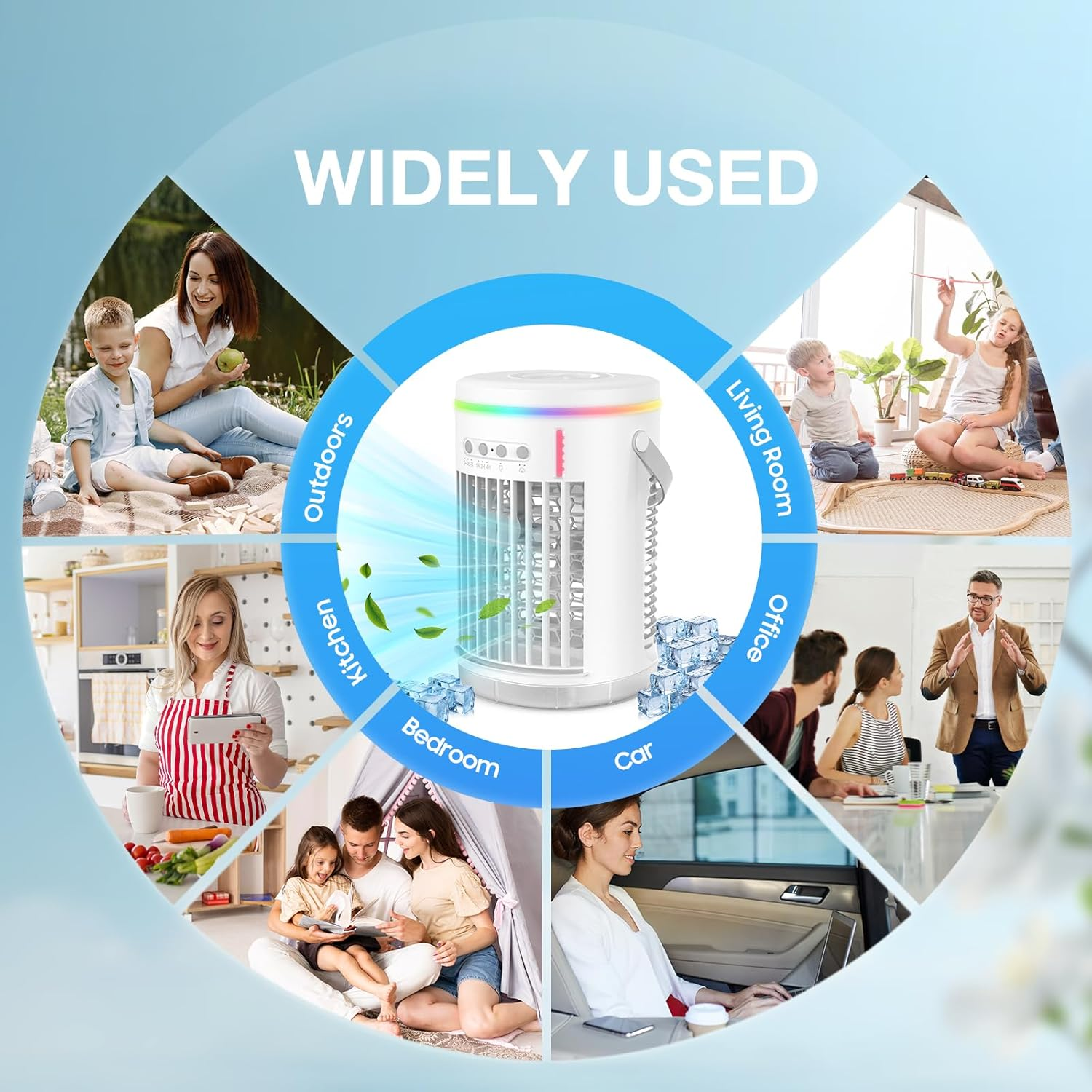 Portable Air Conditioner Fan,Rechargeable 4-IN-1 Personal Mini Cooler Humidifier,3-Speed Evaporative Air Cooler with 7 Color Lights,1400Ml Cordless AC Desktop Spray Fan,Remote Control Cooling Fan