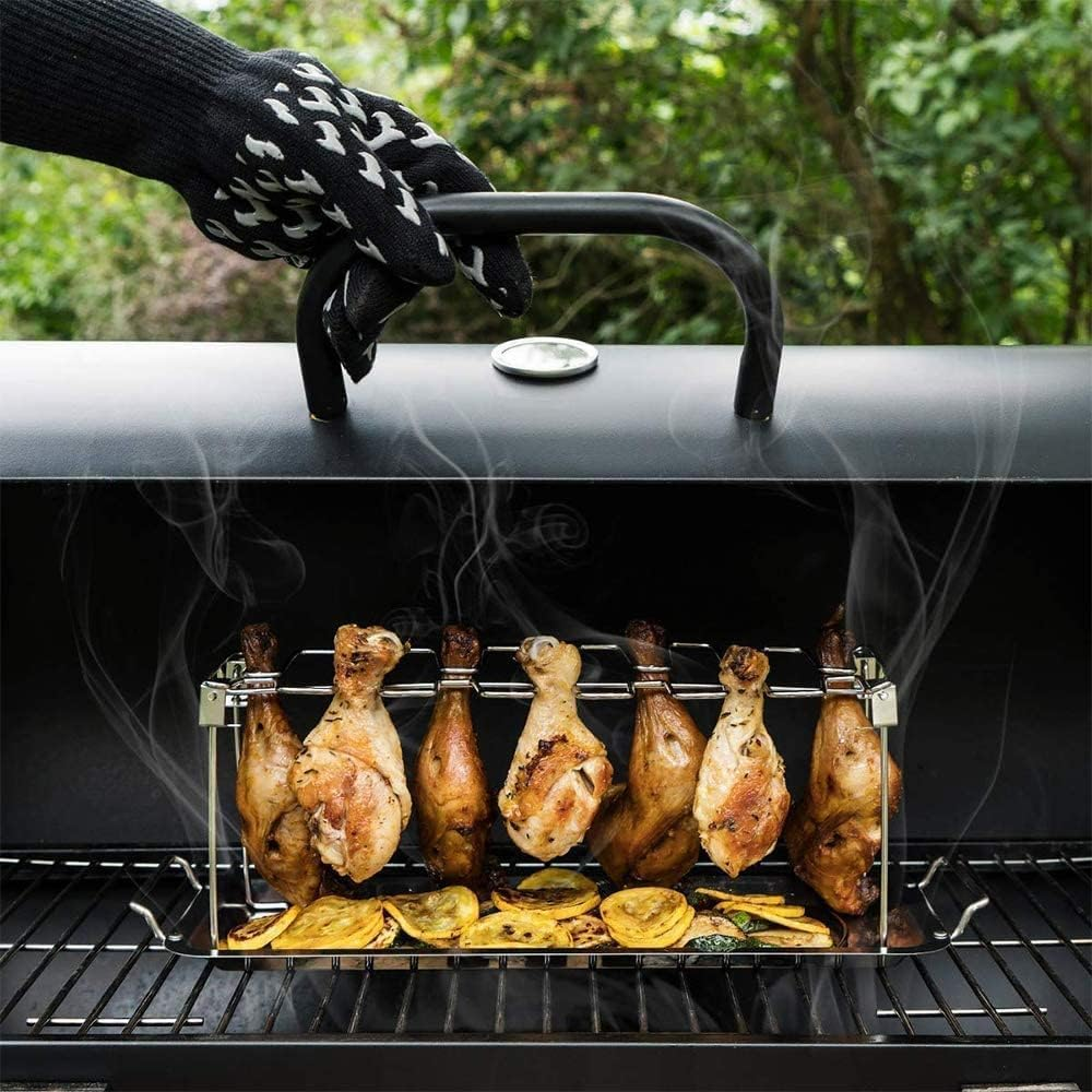 Chicken Leg Wing Rack 14 Slots Stainless Steel Metal Roaster Stand with Drip Tray for Smoker Grill or Oven, Dishwasher Safe, Non-Stick, Great for BBQ, Picnic image number 6