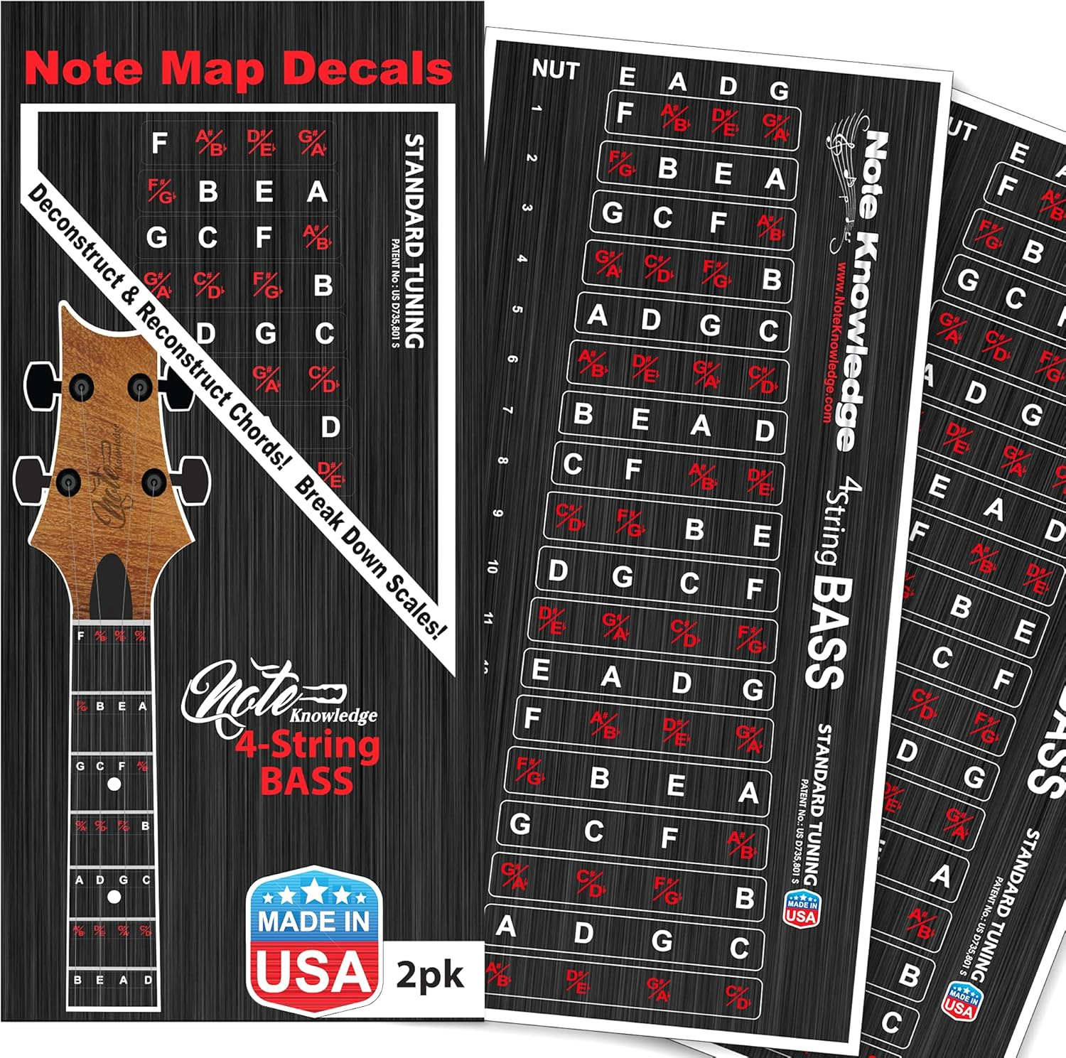 Bass Guitar Fretboard Note Map Decals/Stickers 2-Pack for Learning and Practicing Notes on Bass Guitar image number 2