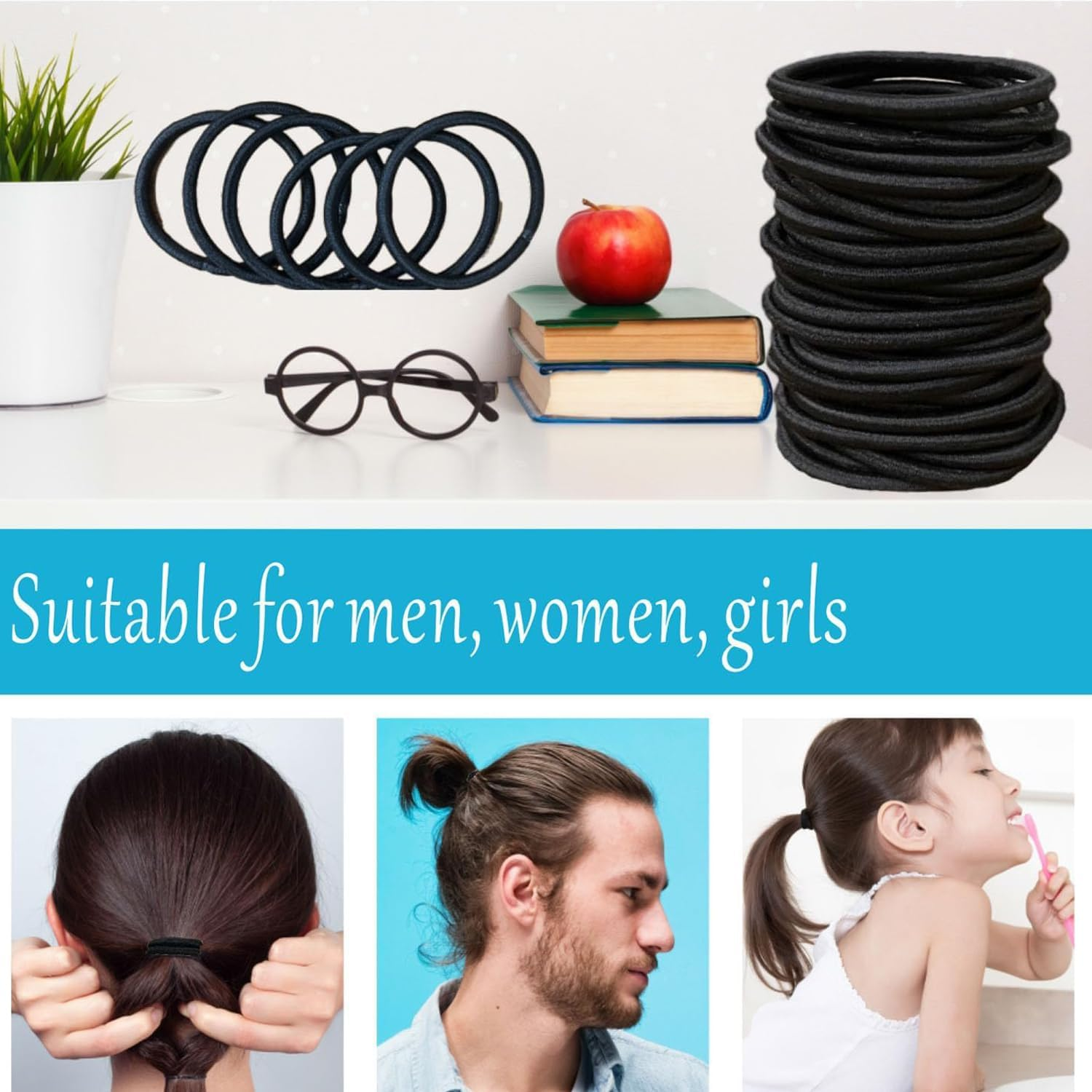 100PCS Black Hair Elastic Ties for Thick and Curly Hair Hair Bobbles Hair Ties Ponytail Holders Hair Bands for Women No Metal Hair Ties image number 4