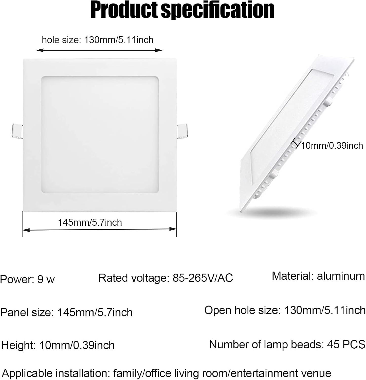 Led Downlights Ceiling Warm White 3000K Recessed LED Ceiling Panel Light Square IP44 Waterproof 70Lm/W Flat Ultra Slim Lamp for Office (Size : 9W) image number 1