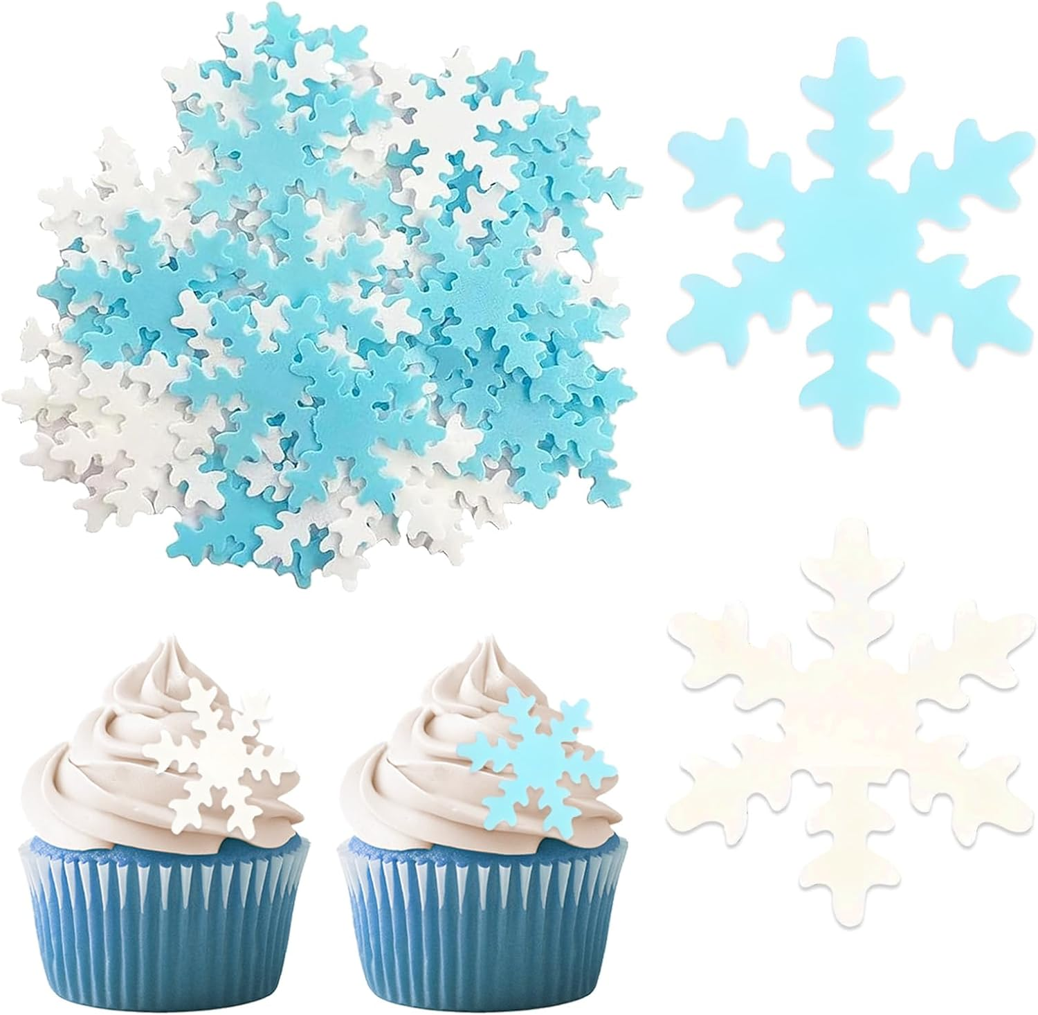 50Pcs Snowflake Cake Cupcake Topper, Edible Winter Frozen Snowflake Cake Decorations Edible Wafer Paper for Birthday Party Decor Supplies (Pink)