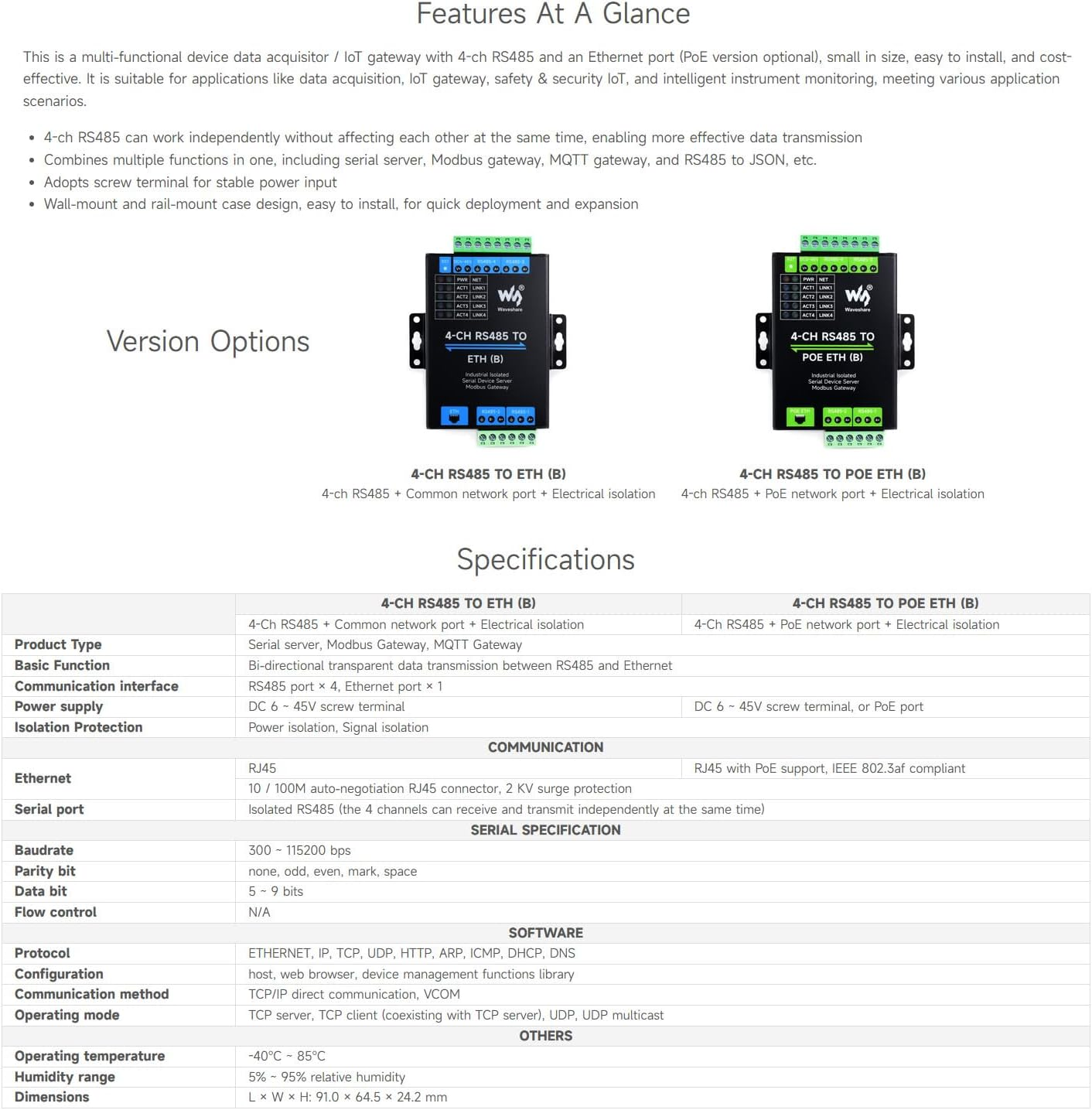 Waveshare 4-Ch RS485 to RJ45 Ethernet Serial Server, 4 Channels RS485 Independent Operation, Rail-Mount Industrial Isolated Serial Module, Modbus Gateway, Poe Ethernet Port image number 6