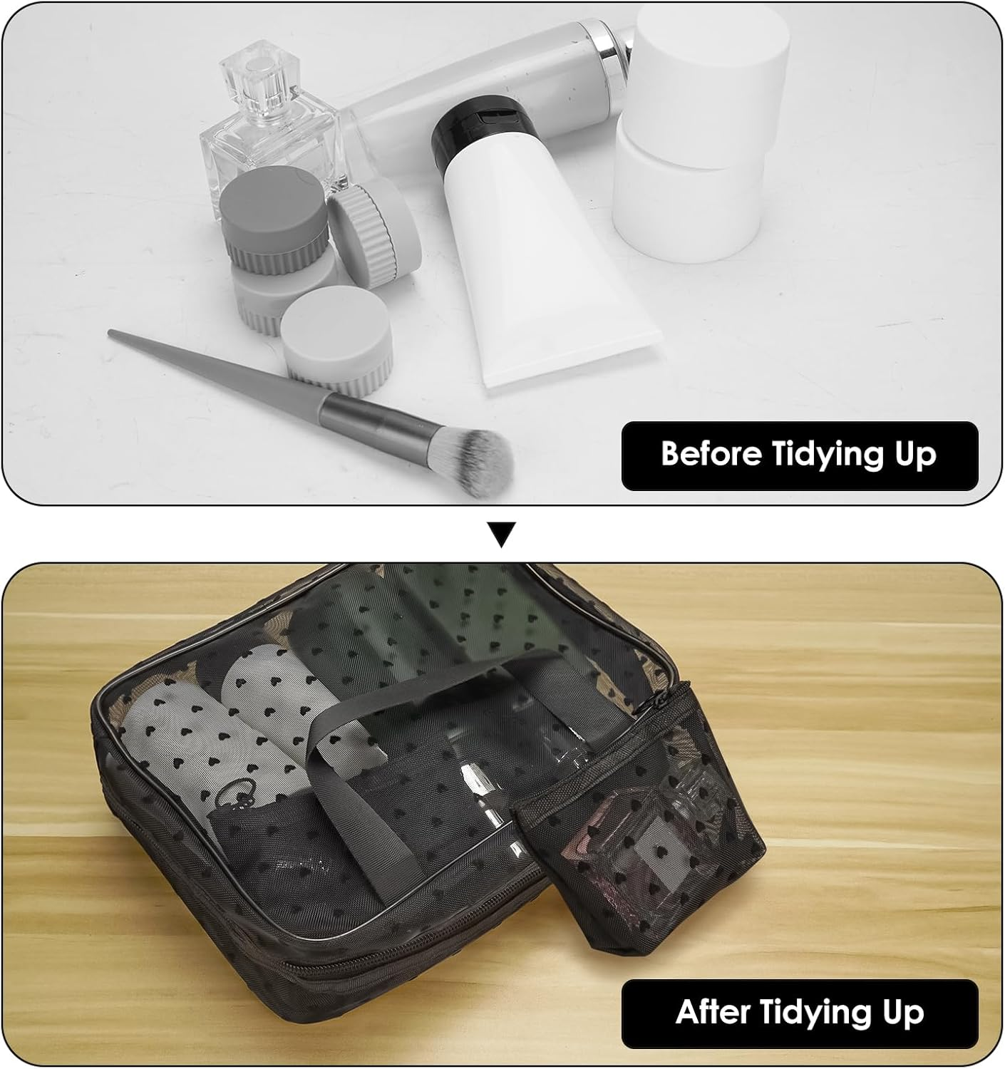 Mesh Makeup Bags, Heart Print Zipper Mesh Storage Pouch, Travel Cosmetic Accessories Organizer for Women, Black-Set of 3 image number 2