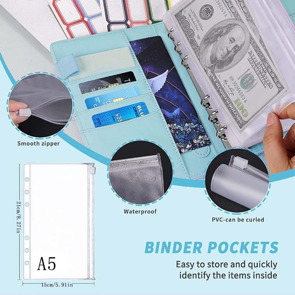 12 PCS Binder Pockets,A5 Size Binder Zipper Folders ，6 Holes Refillable Pouch Document Filing Bags, PVC Loose Leaf Bags for 6 Rings Binder Notebooks Planner[Waterproof] image number 2