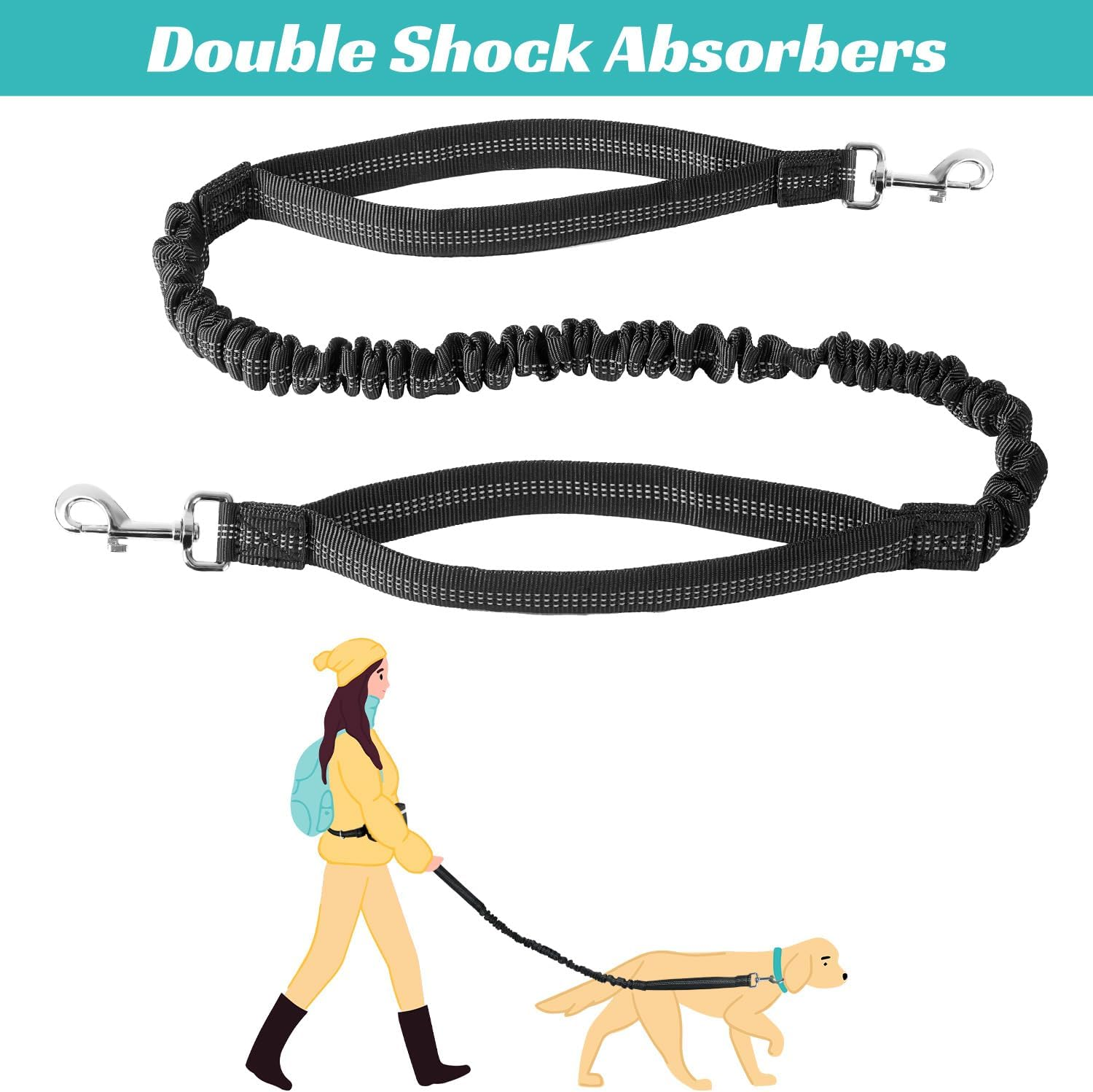 Hands Free Dog Running Leash with Zipper Pouch, Adjustable Waist Belt for Medium/Large Dogs, Dual-Handle Reflective Bungee, Secure Design for Running, Walking, Hiking, Black image number 5
