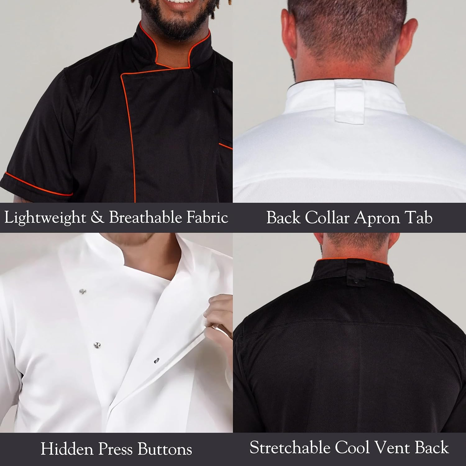 Ace Chef Apparels Stylish Gazi Chef Jacket with Coolvent, Black with Orange Trim, X-Small