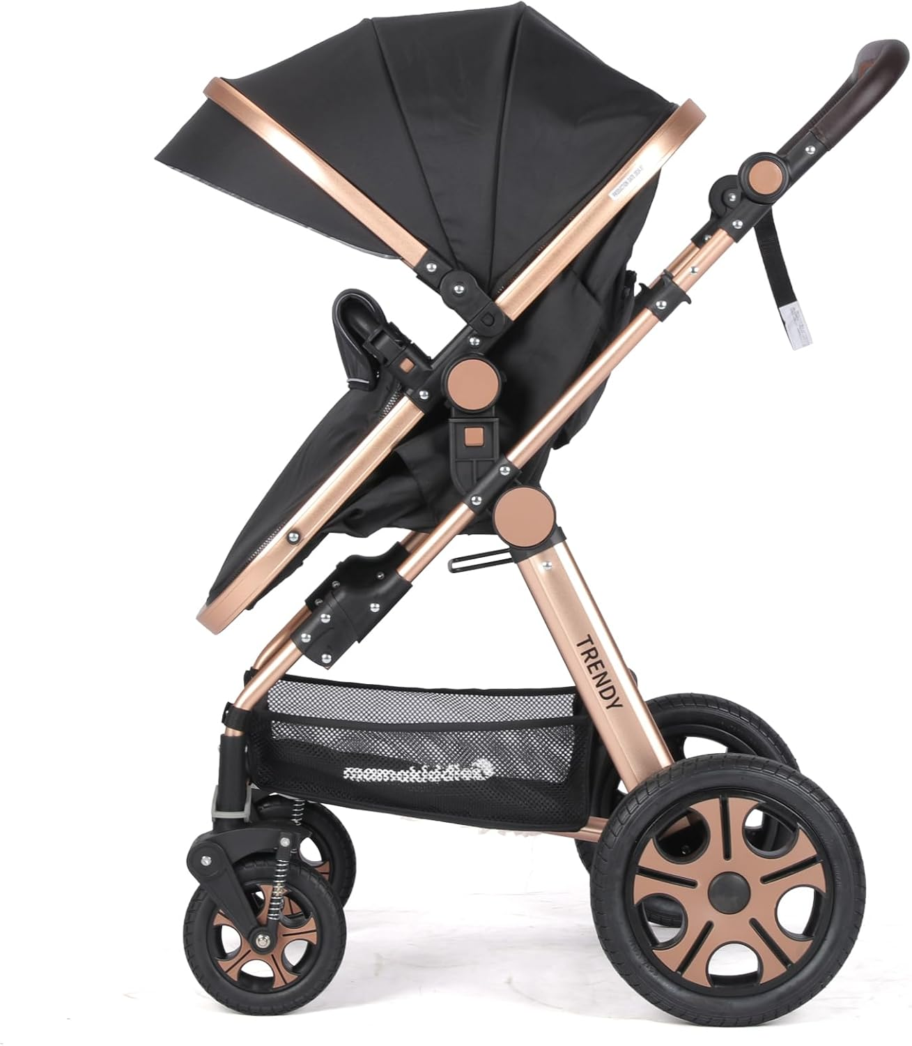 Mama Kiddies Trendy Black Gold Convertible 2In1 Aluminium Alloy Pram Stroller Bassinet Rain Cover, Foot Cover, Cup Holder, Inner Cushion, Mosquito Net Included image number 4