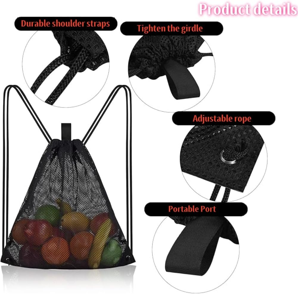 DACUAN Drawstring Sports Equipment Mesh Bag, Mesh Bag Drawstring Storage Backpack Mesh Beach Bag Mesh Gym Bag Heavy-Duty Sport Equipment Storage Bag for Beaching Swimming Gym Shopping image number 2