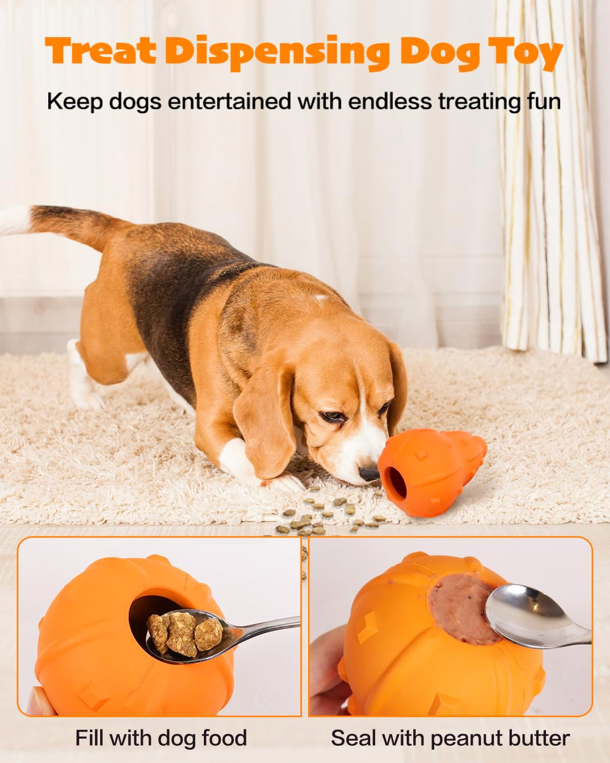 Treat Dispensing Dog Toy, Interactive Puzzle Feeder Fillable Enrichment Toys, Tough Rubber Puppy Chew Toy for Small Medium Dogs (Orange) image number 2