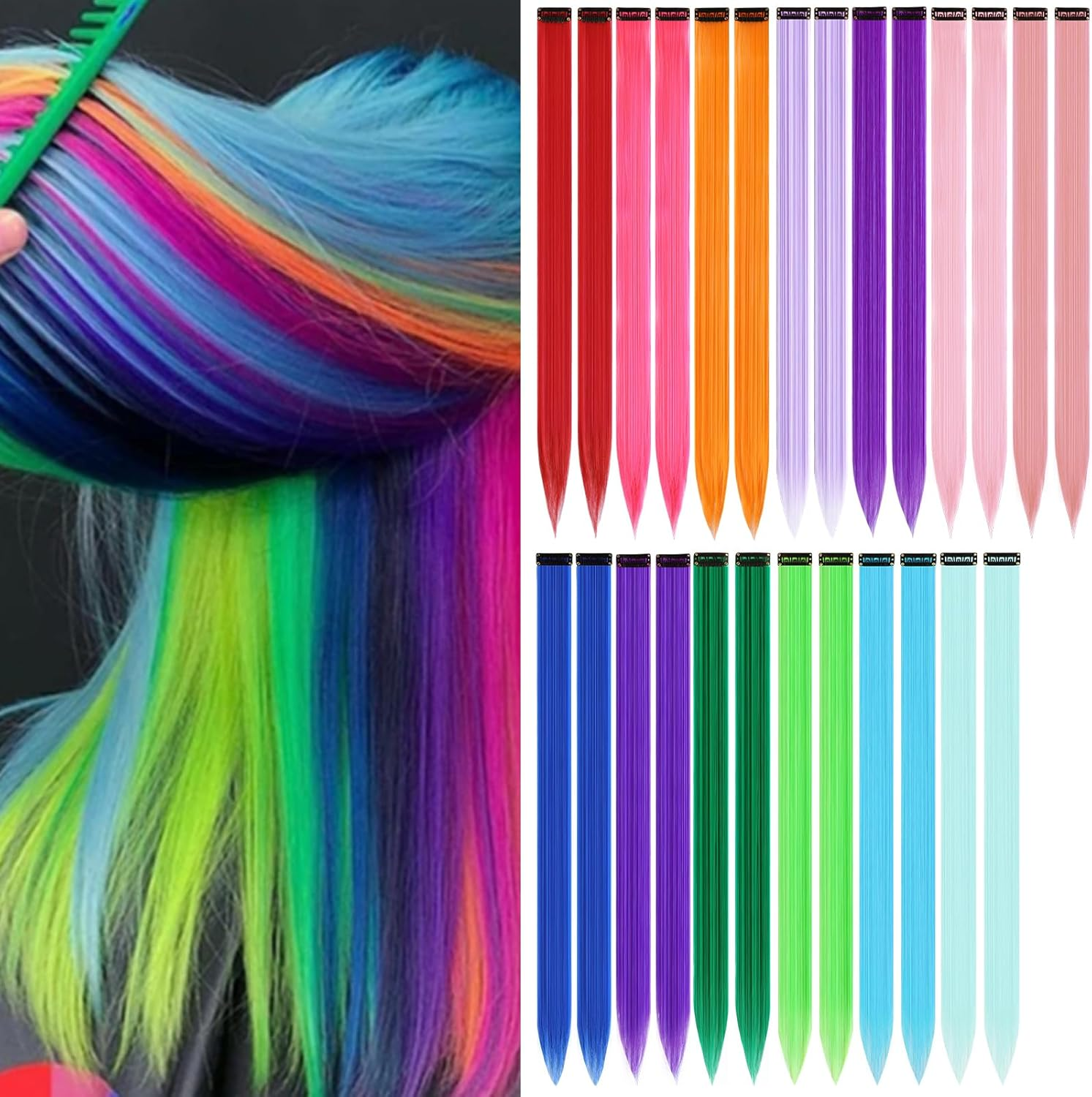 26Packs Color Hair Extensions Clip In, POIUNA 20Inch Rainbow Hair Extensions for Kids Clip in Hair Extension for Kids Girls Party Highlights Synthetic Hairpiece for Girls (13 Colors) image number 5