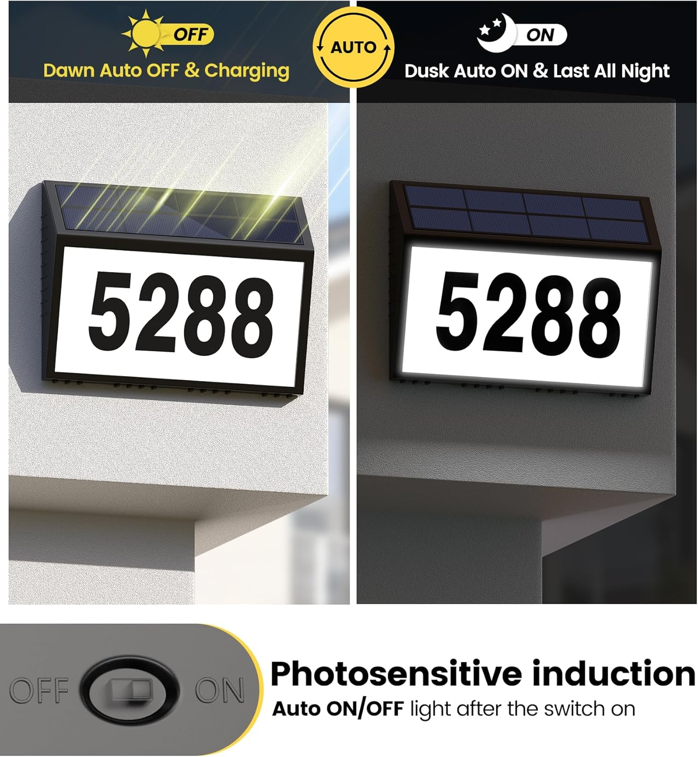 GEAGMAGC Solar House Numbers for outside Light Up, LED Illuminated Home Number Address Sign Plaque Waterproof for Yard, Wall-Mounted or Floor-Plugged- Black, 8.7 &times; 6.4 Inch