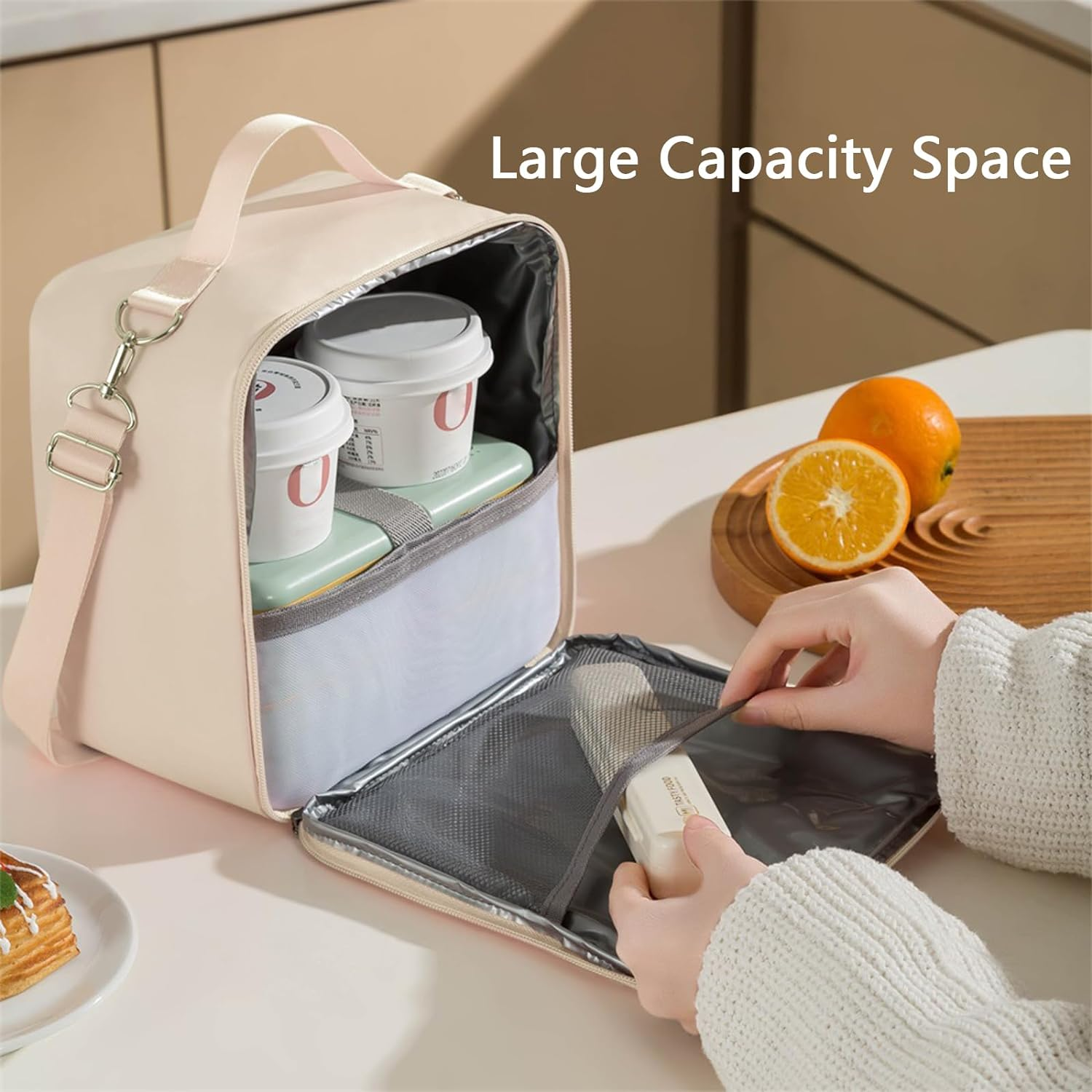 Lunch Bag Women, Lunch Box Lunch Bag for Women & Men Adult, Leakproof Small Lunch Bag, Reusable Insulated Cooler Bag with Detachable Shoulder Strap, Lunch Container for Work Office (Beige) image number 2