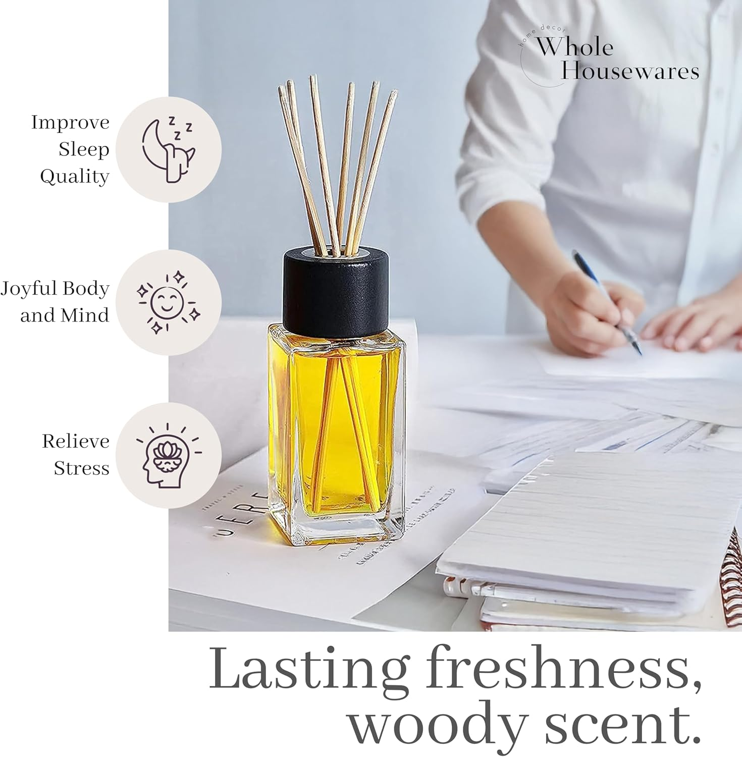 Whole Housewares 100ML 3.4Ounce Clear Glass Diffuser Bottles with 24Pcs Natural Reed Sticks, 4.7" H Square Diffuser Bottle with Black Wood Caps, Set of 4 image number 1