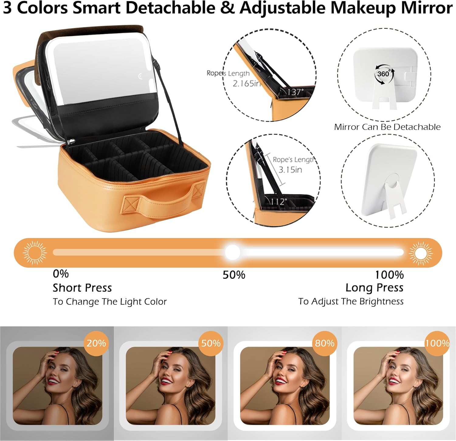 MOMIRA Travel Makeup Bag Cosmetic Bag Makeup Organizer Bag with Lighted Mirror, Adjustable Brightness in 3 Color Scenarios, Waterproof Makeup Train Case, Gift for Women - Apricot(Woven) image number 4