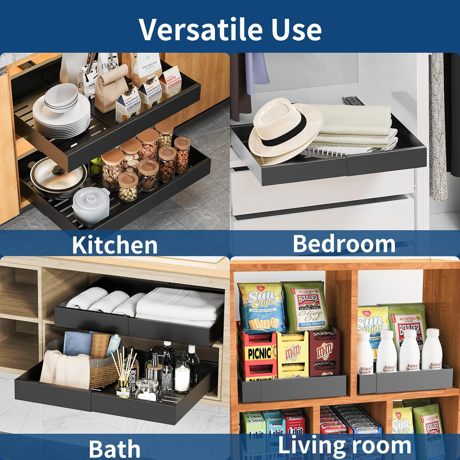 CHENDY Pull Out Cabinet Organizer, Expandable Heavy Duty Slide Out Drawers Fixed with Adhesive Nano Film for Pots - for Kitchen Base Cabinet Organization, Pantry, Bathroom (Black) image number 5