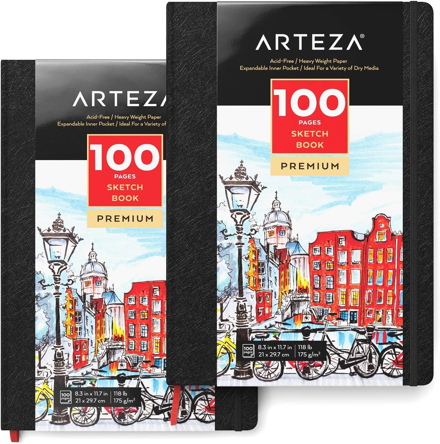 ARTEZA 8.3X11.7 Sketch Book, Pack of 2 Notebooks, 100 Pages per Pad, 118Lb/175Gsm, Hardcover Journals with Bookmark Ribbon, Expandable Inner Pocket, and Elastic Strap, for a Variety of Dry Media