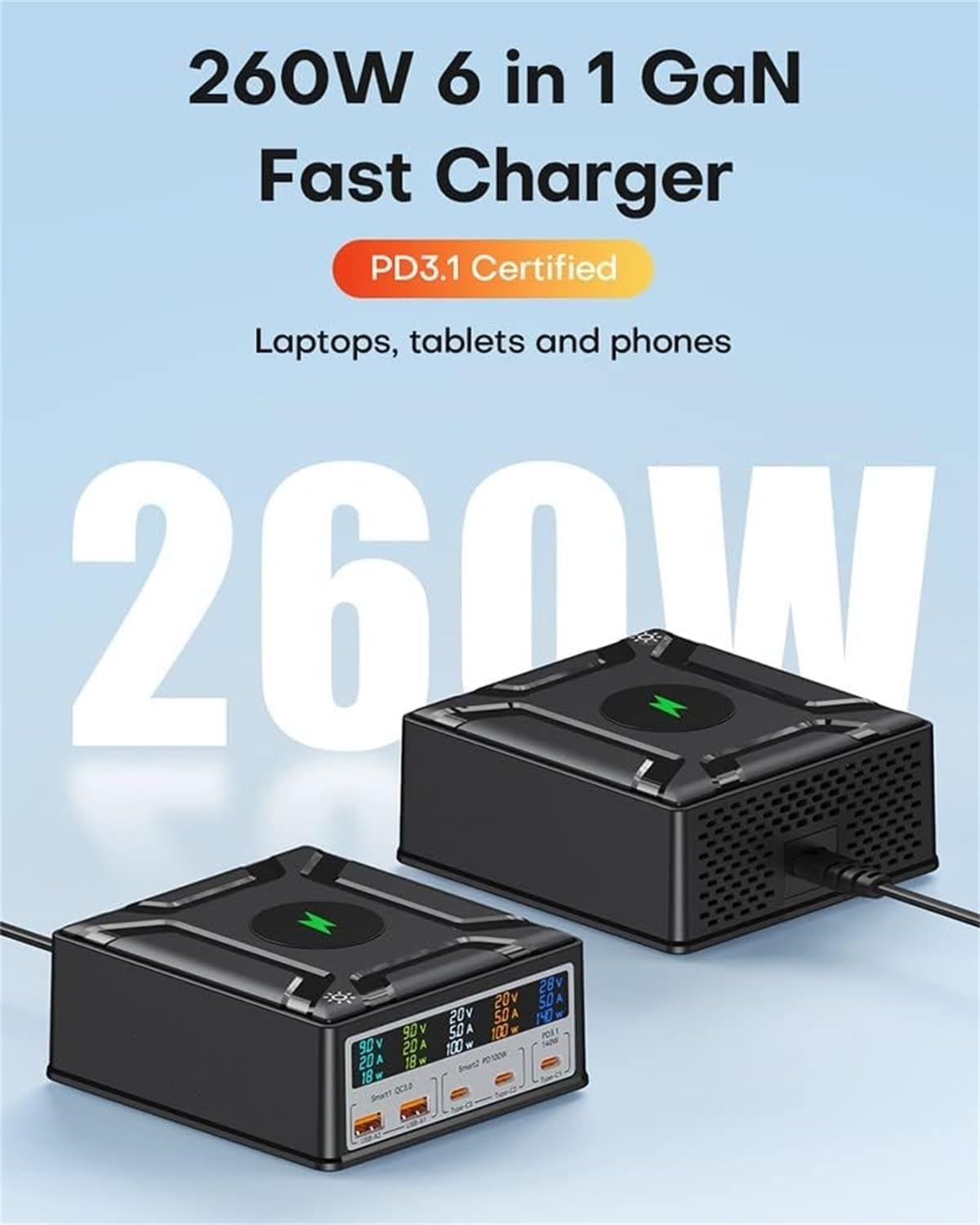 USB C Charging Station 260W, Support 140W Mac Book Pro 16 Fast Charge, Multiport USB C Charger Station 100W PD Laptop Charge Docking with 15W Wireless Charging for Macbook,Laptop,Ipad,Iphone,Samsung image number 6