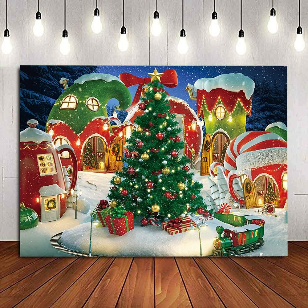 Cartoon Christmas Village Photography Backdrop Winter Snow Pine Tree Background Xmas Fairy Tale Animated Kid Party Photo Booth Banner Supplies (8X6Ft)