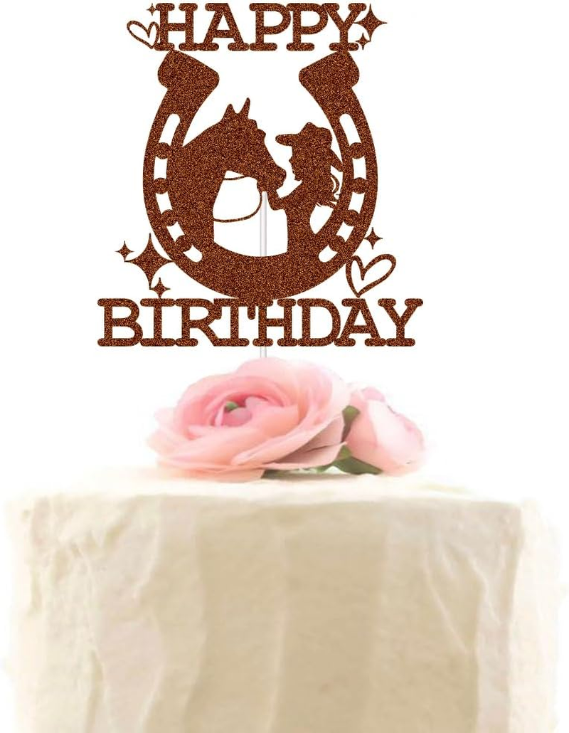 XIUHUBA Cowgirl Happy Birthday Cake Topper, Mexican Western Birthday Cake Decorations, Fiesta Theme Girls Birthday Party Decor Supplies Brown Glitter
