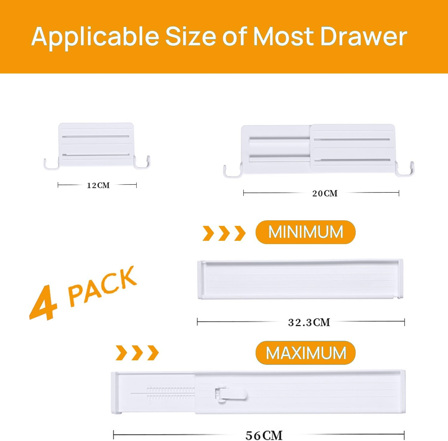 Drawer Dividers, Expandable Kitchen Drawer Organiser, with 8 Inserts, for Clothing, Kitchen Utensils and Office Storage, Set of 4 (32-56Cm) image number 1