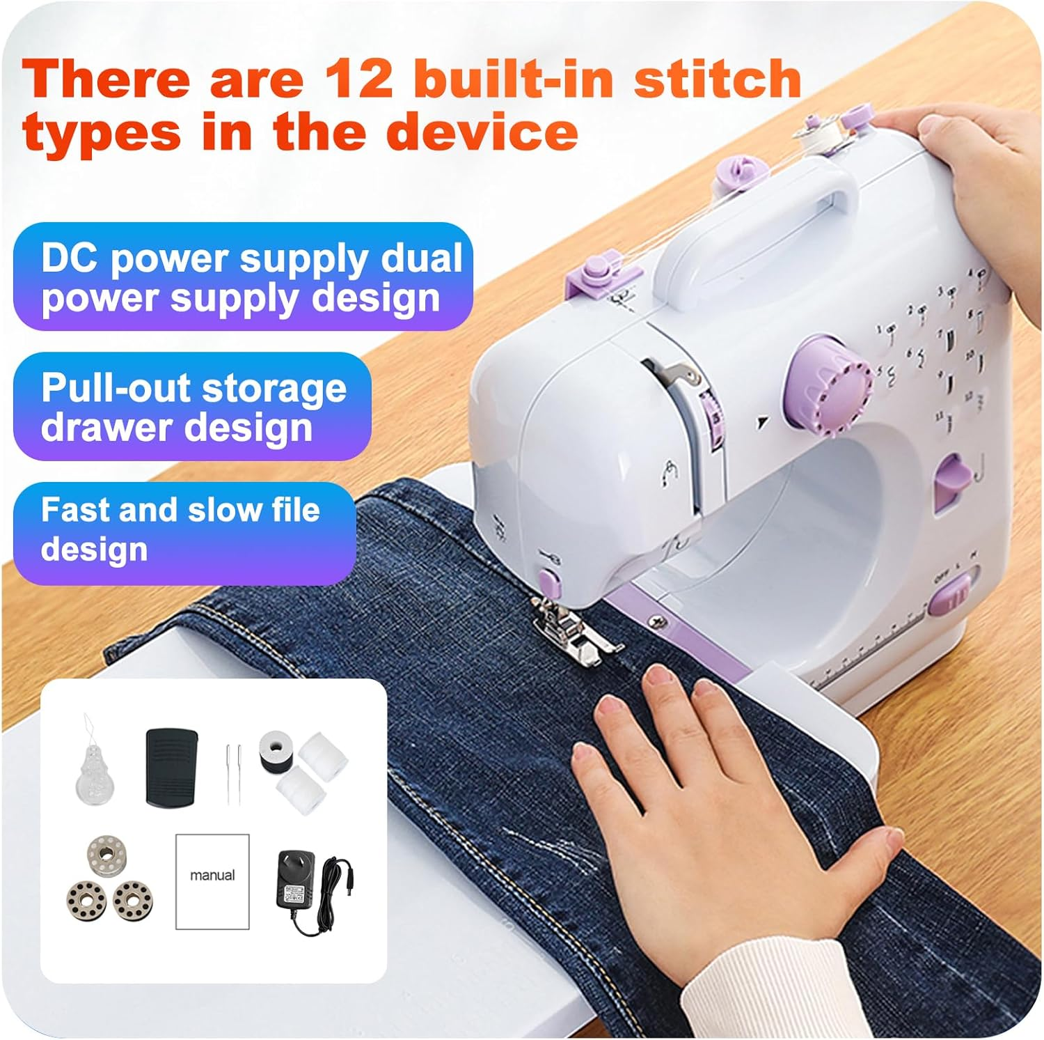 Sewing Machine, Mini Sewing Machine for Beginners, with 97 Pieces Sewing Kit & Case, Portable Sewing Machines, 12 Built-In Stitch Patterns, Light, 11 Sewing Machine Presser Feet - Purple & White image number 3