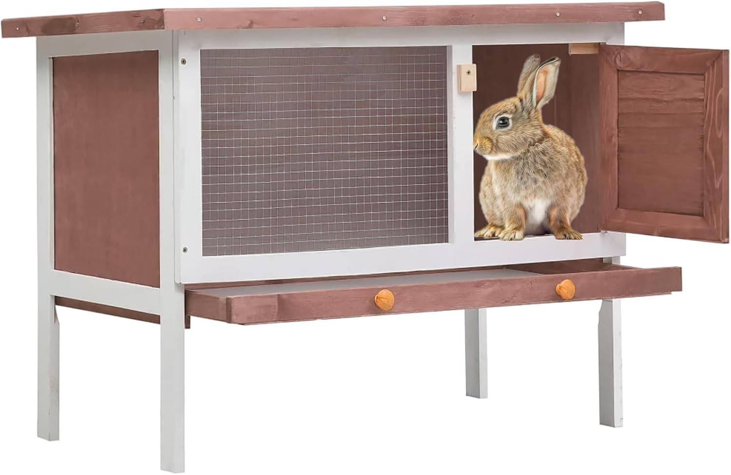 Elevated Wooden Rabbit Hutch, Indoor/Outdoor Bunny Cage with Weatherproof Green Asphalt Roof,Slide Bolt Latch and Removable Tray for Rubbit,Guinea Pig,Hamster (Brown, 90L X 45W X 65H) image number 5