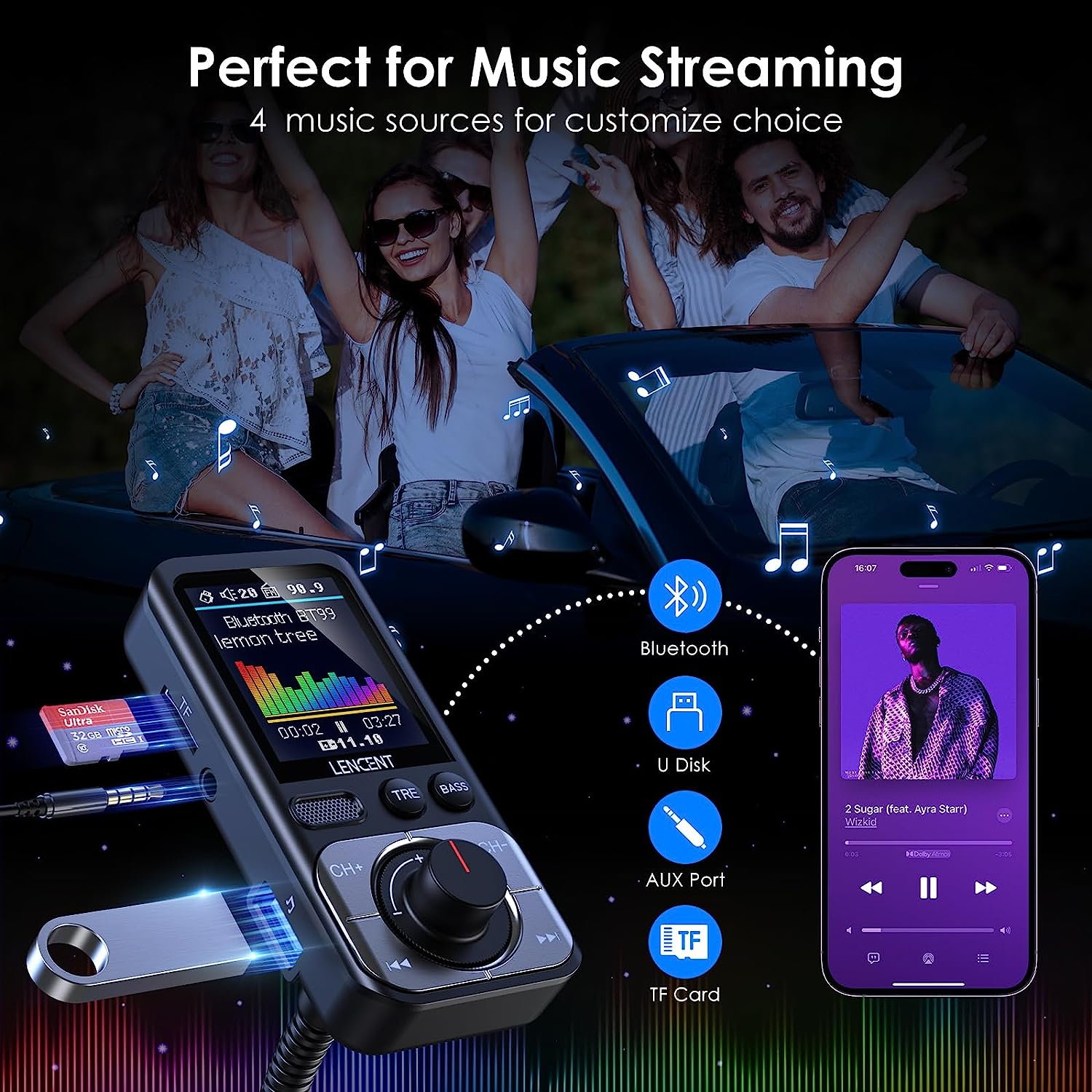 LENCENT Bluetooth 5.0 FM Transmitter with Big Color Screen, Hifi Music Treble&Bass Booster, QC3.0 Fast Charger, AUX Car Radio Adapter, Wireless Microphone Support Hands-Free Siri TF Card image number 3