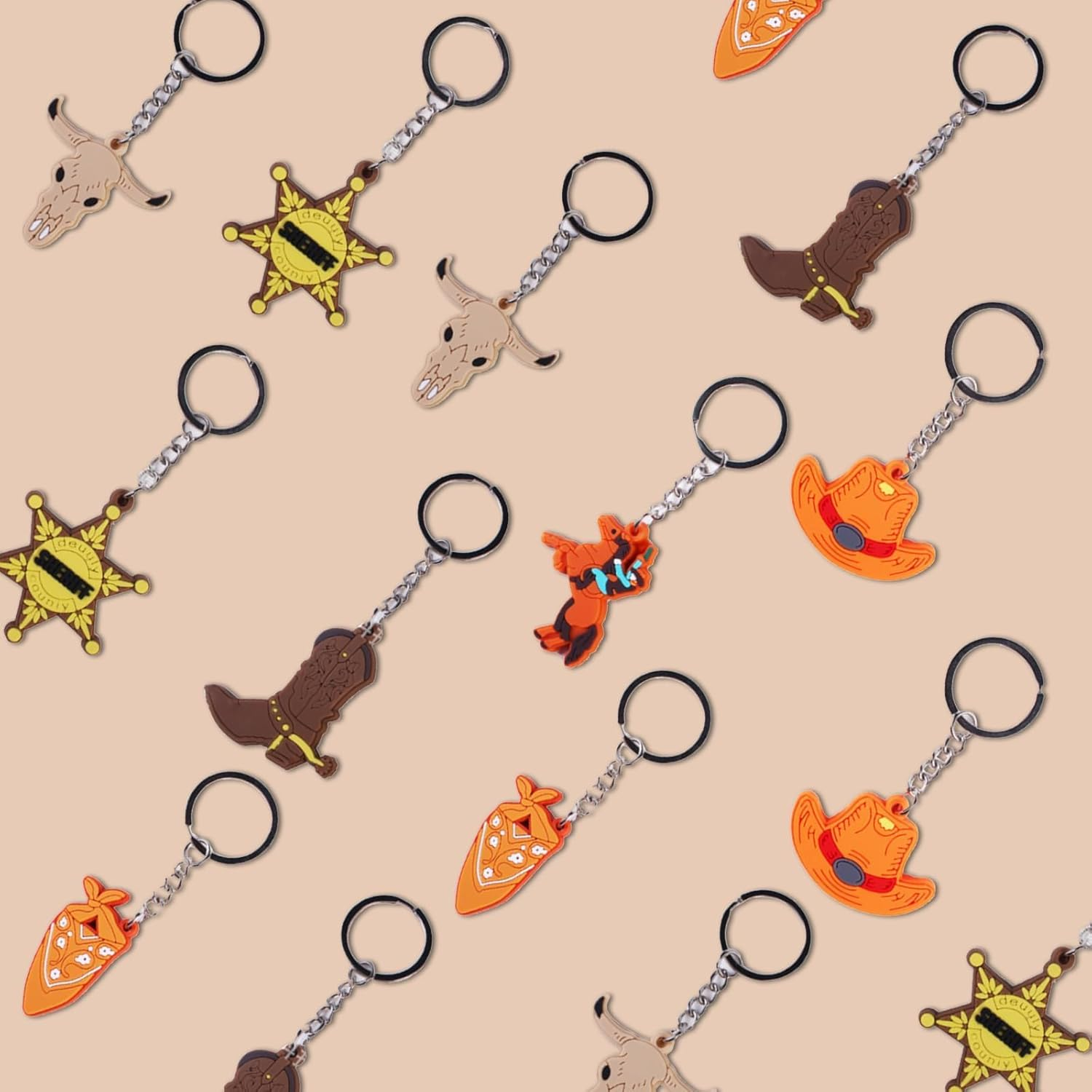 12 Pcs Western Themed Keyrings，Keychains Set &ndash; Cowboy Hat, Boot, Horse & More,Colourful Rubber Keyring for Western Enthusiasts Gift,Charm,Bright Decorative for Keys, Bags,Pouchs