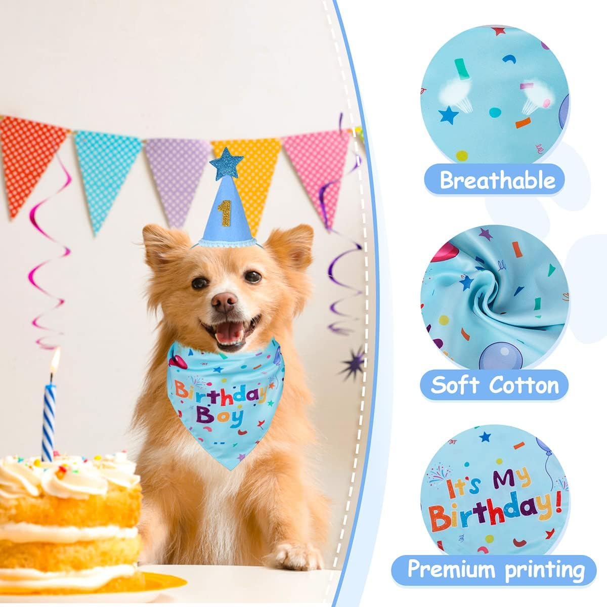 Dog Birthday Bandana & Hat Set, Blue, Medium, Dog Accessories - Blue Birthday image number 2
