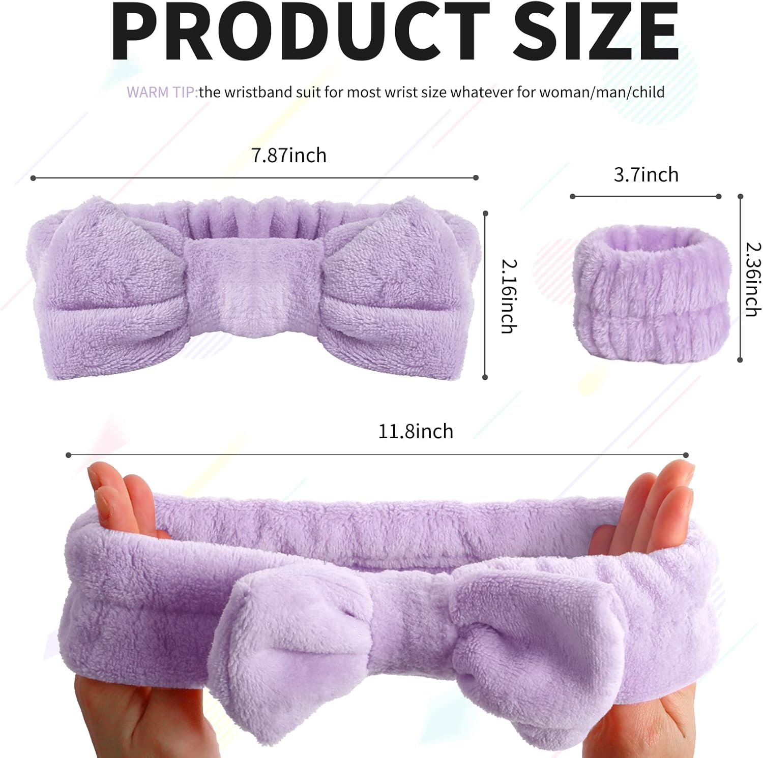 WSYUB Spa Headband, Wristbands, Headband for Washing Face, 2Pcs Wristlets for Sleeves Dry, Make up Headband,Purple - Black And White image number 6
