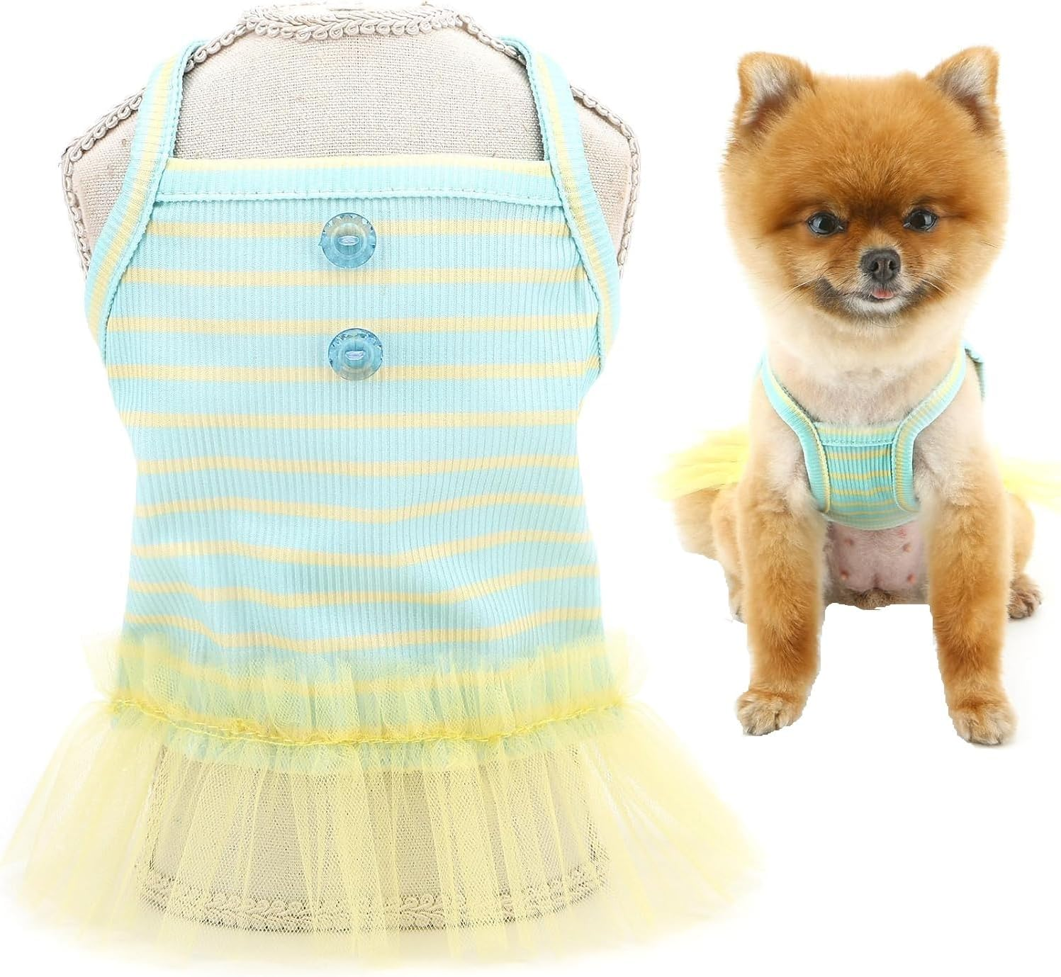 Knitted Dog Dress for Small Dog Striped Pet Pullover Strap Dress Stretchable Summer Clothes Breathable Puppy Tulle Skirt (Green, M)