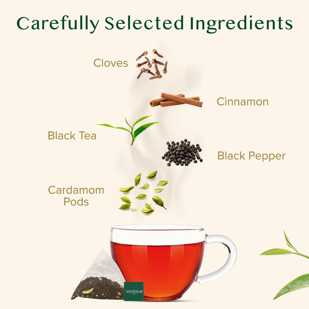VAHDAM, India'S Original Masala Chai Tea Bags (15 Count) Non GMO, Gluten Free, No Added Flavoring | Blended W/Savory Exotic Spices | Individually Wrapped Pyramid Tea Bags | Direct from Source image number 5