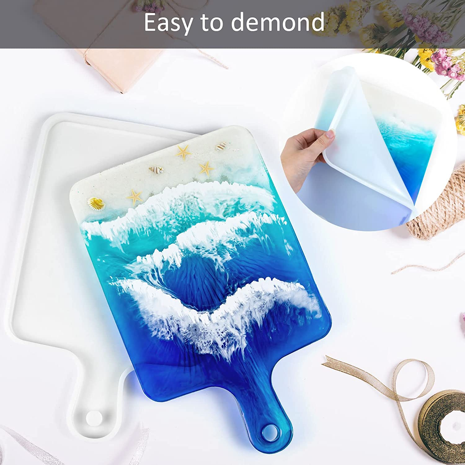 Resin Silicone Tray Molds, Epoxy Casting Mold for DIY Large Rectangle Serving Cutting Board with Handle, Kitchen Essential for Home Decoration and Crafting