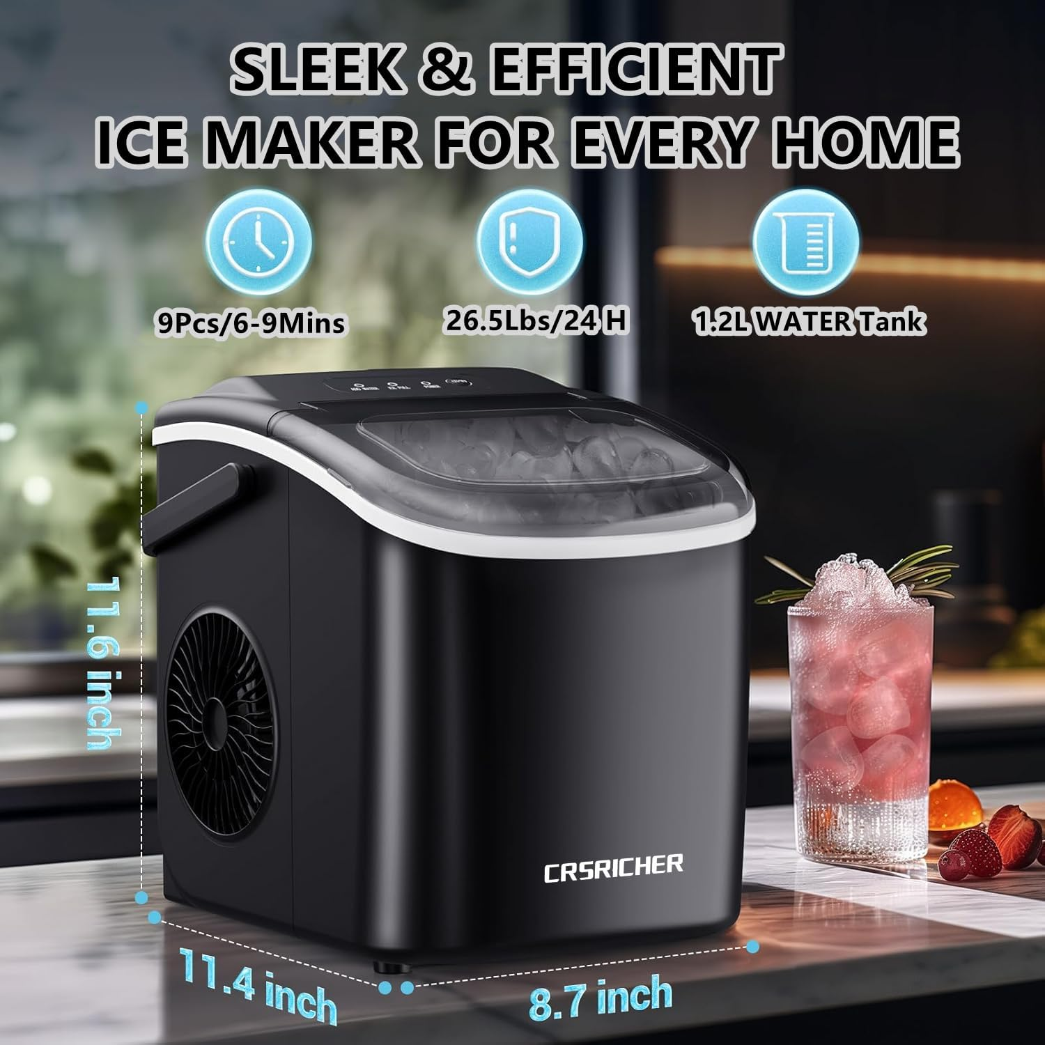 Ice Maker for Countertop, 1.2L 12KG Stainless Steel Portable Icemaker Cube Makers, 26Lbs Ice/24Hrs, with Self-Cleaning Feature, Ice Spoon and Basket, for Home, Kitchen, Camping, Party (Black)