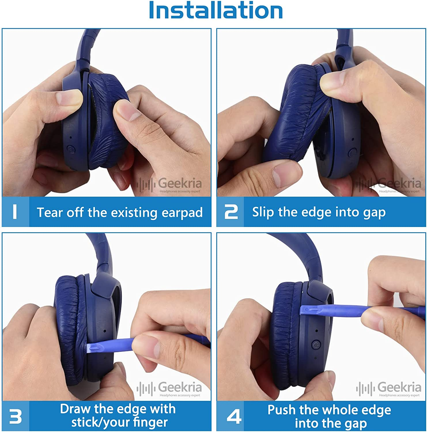 Geekria Quickfit Leatherette Replacement Ear Pads Compatible with JBL JR 300/ 300BT, T450BT, T500BT, Tune 500/ 500BT/ 510BT/ 520BT Headphones, Ear Cushions with Video Guide (Blue)