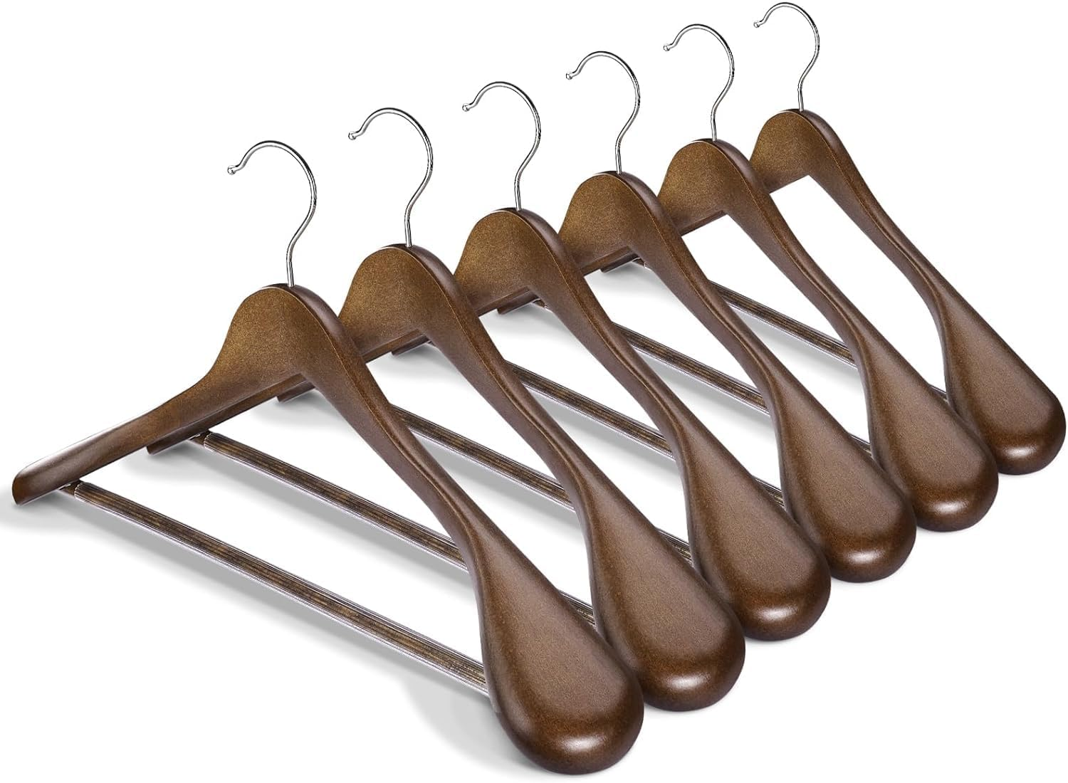 Wide Shoulder Wooden Hangers, 6 Pcs 100% Solid Wooden Extra-Wide Clothing Hanger with Non Slip Pants Bar, Wood Coat Suit Hangers Heavy Coats, Sweater, Skirt, Suit, Pants (Walnut) image number 6