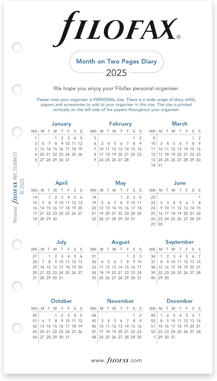 Filofax Calendar Diary Refill, Personal/Compact Size, Month-To-View, White Paper, English, 2025 (C68410-25) image number 6