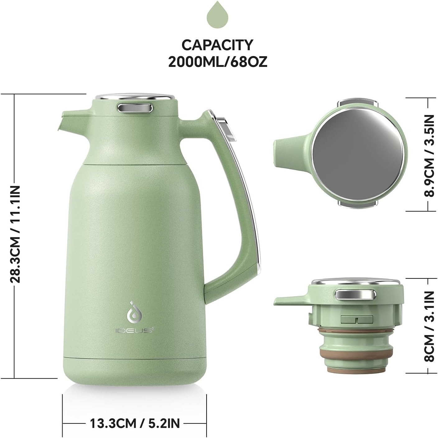 IDEUS Thermal Coffee Carafe 68Oz (2,000Ml), Stainless Steel Double Wall Insulated Vacuum Flask, Water Jug Coffee Server and Beverage Dispenser, Heat and Cold Retention (Avocado, 68Oz (2,000Ml)) - Celadon image number 2