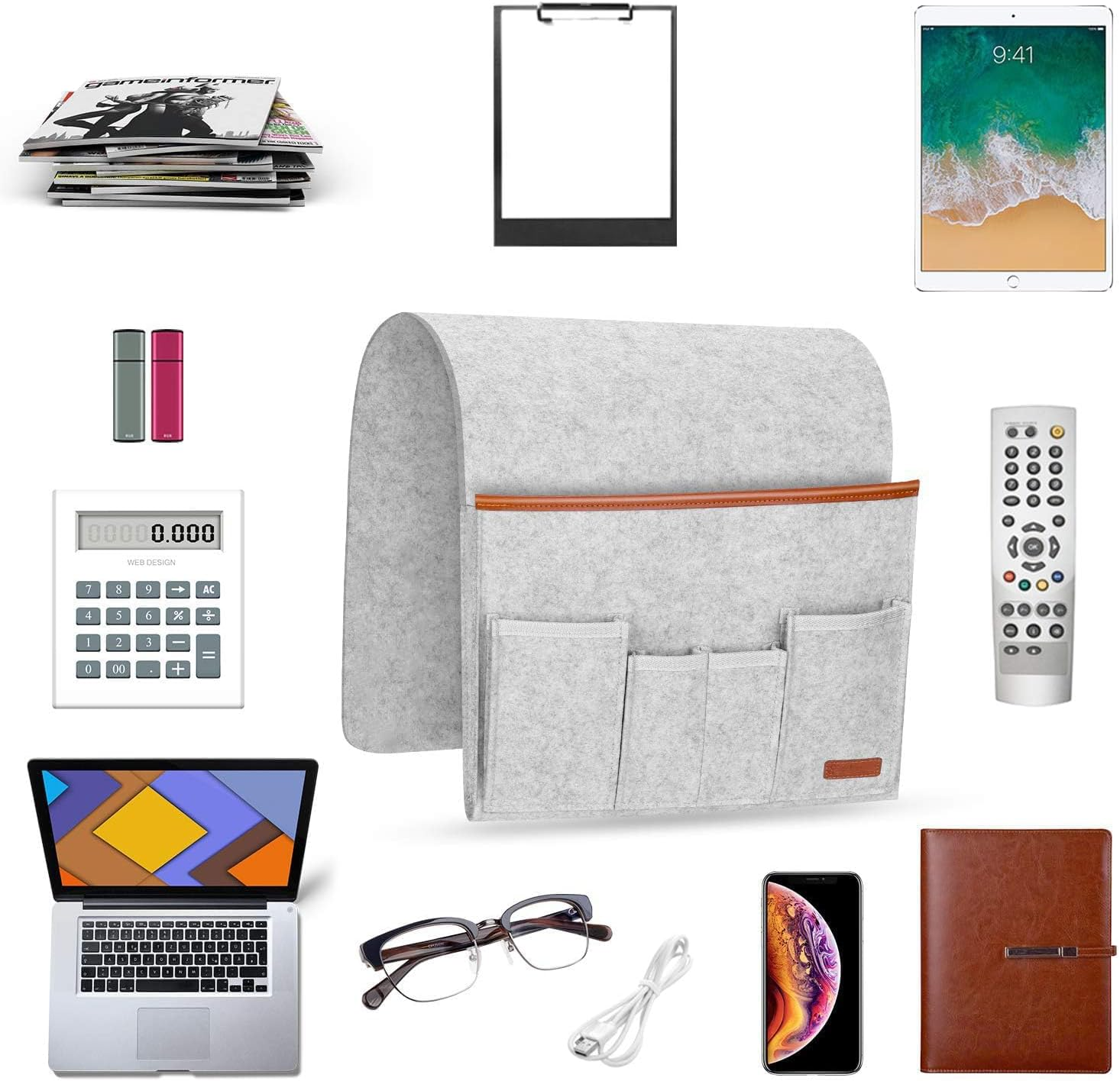 Sofa Armrest Organizer, Hanging Sofa Caddy Storage Bag with Long Flap and Hook, Sofa Remote Control Holder Bag with 5 Pockets for Magazine, Glasses, Tablet, Phone, Ipad, Non-Slip (Grey) - Grey image number 5