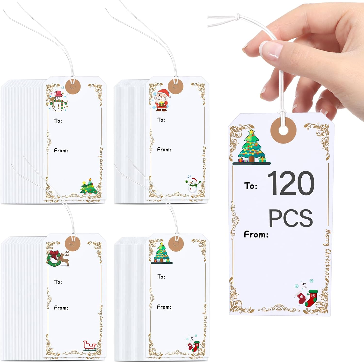 Liatinbo Gift Tags with Elastic String,Blank Shipping Tags Large Marking Gift Bags Tags Writable Price Tags Inventory Tags (Christmas Color, 120 Count (Pack of 120)) image number 1