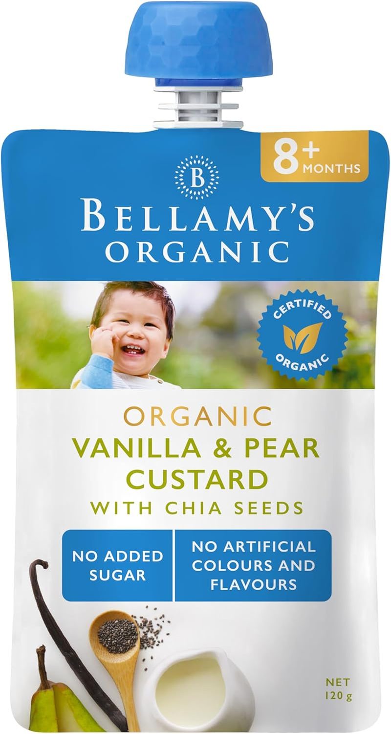 Bellamy'S Organic Vanilla & Pear Custard with Chia Seeds 120G, Baby Food, 8M+, Bulk (6 X 120G) image number 1
