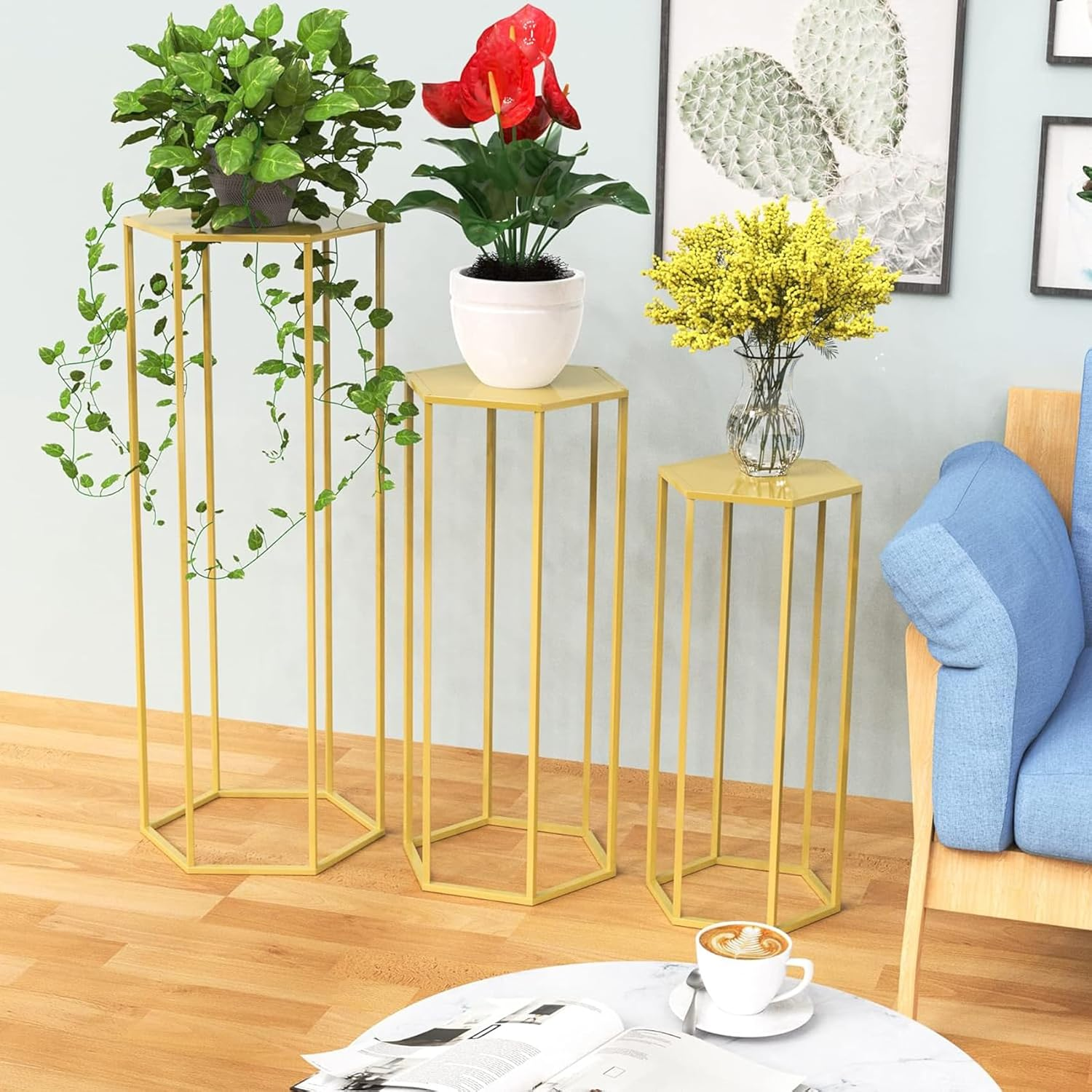Hexagon Pedestal Stand for Party, round Cilindros Para Flower Plant Fiestas, Metal Display Cylinder Cake Tables Stands for Parties Wedding Birthday Living Room Patio Decor, Gold Set of 3