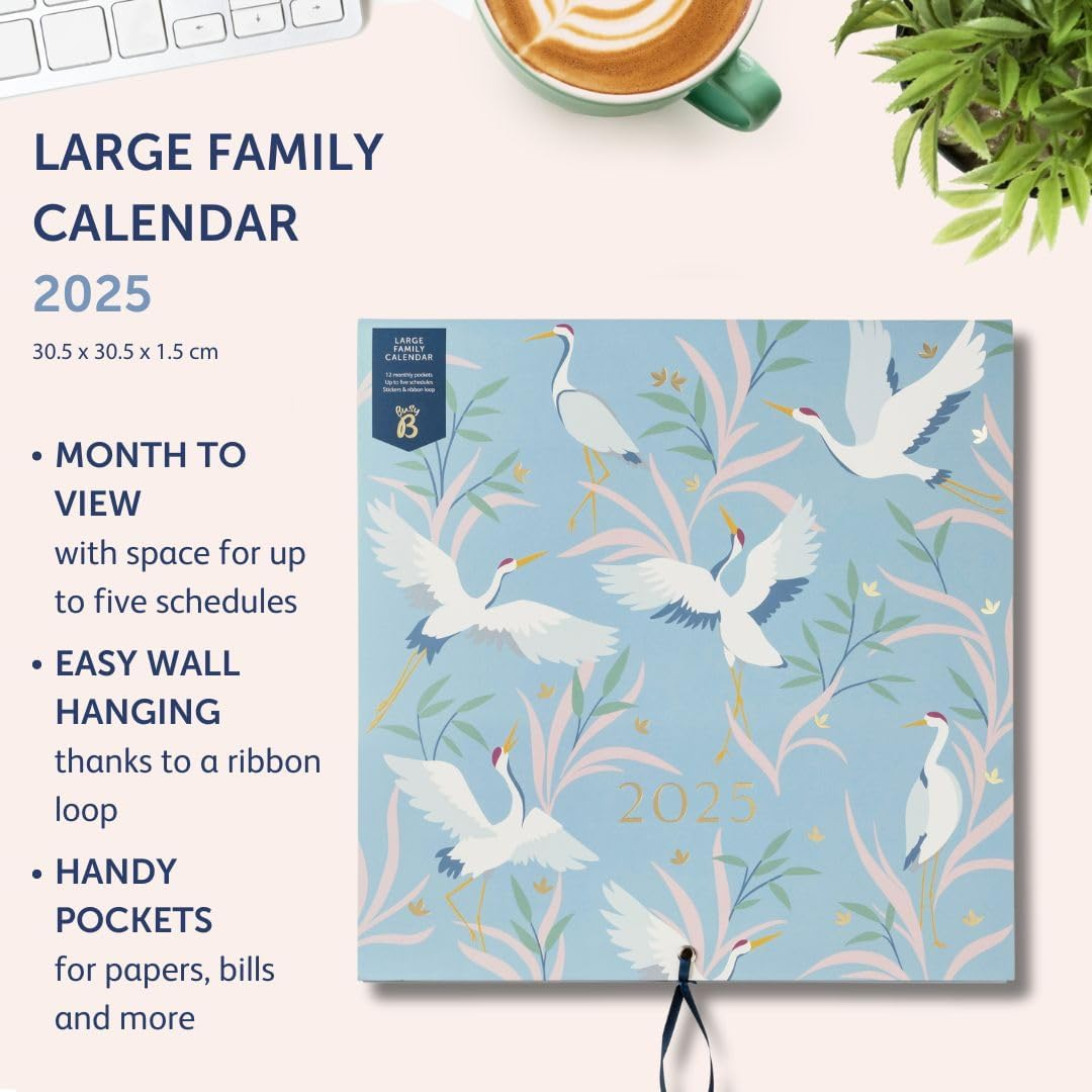 Busy B Large Family Wall Calendar 2025 &ndash; Blue Birds Design with 5 Columns & Storage Pockets - Monthly 2025 Calendar for Busy Families with Colour-Coded Stickers - 30.5 X 30.5Cm