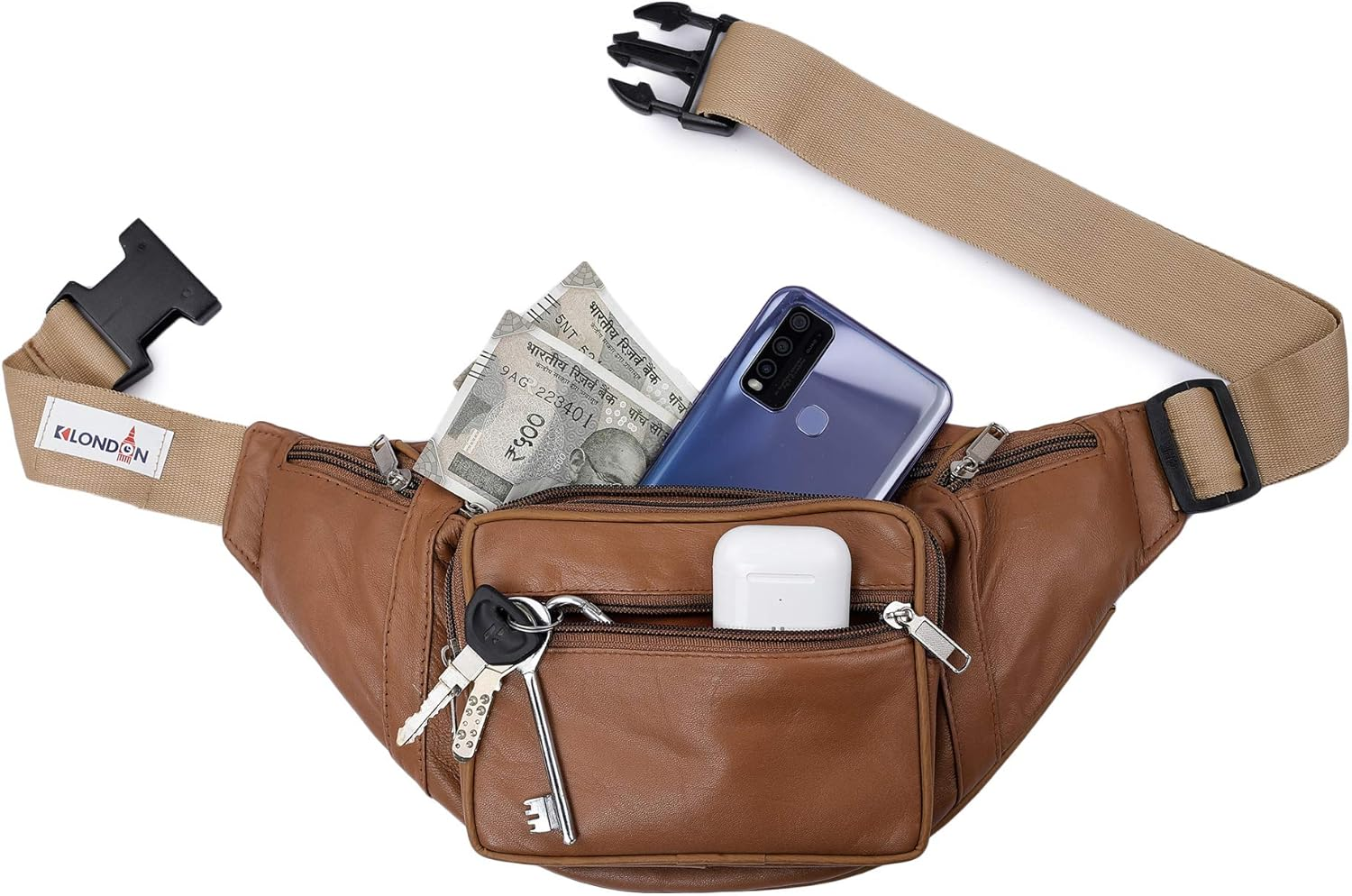 K London Leather Tan Men Women Waist Bag Fanny Bag Travel Pouch Passport Holder (1446_Tan), Beige, L, Fashion Waist Packs image number 3