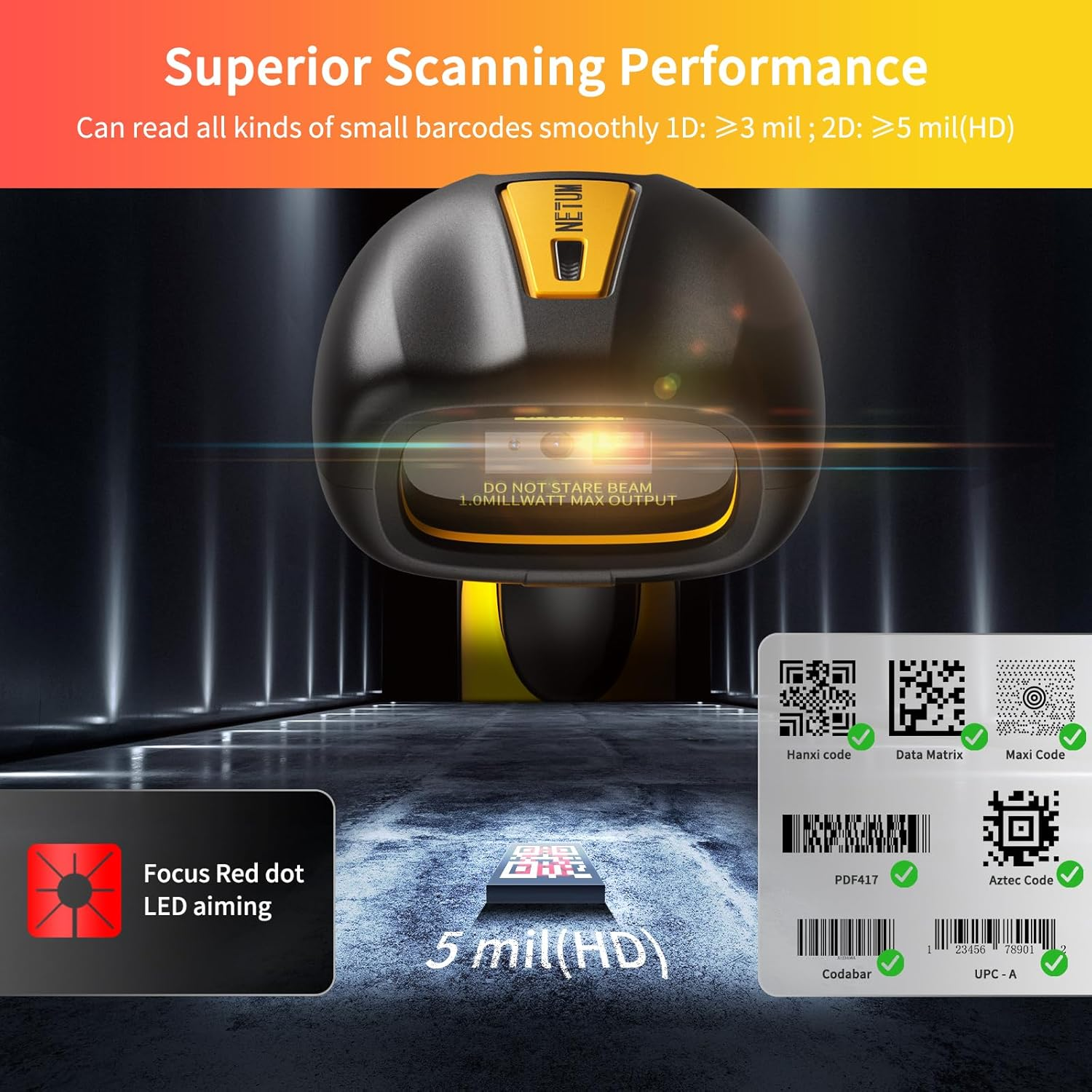 NETUM Upgraded QR Industrial Bluetooth Barcode Scanner with Charging Dock, Wireless 2D 1D Bar Code Reader 2600Mah Drop Protection Shock Dust Proof Hands Free for Windows Mac Android Ios (NT-1202W) image number 1