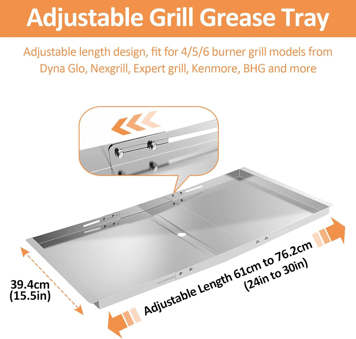 Adjustable Grease Tray with Catch Pan, Universal Drip Pan for Dyna-Glo Grills, Replacement Parts for 3/4/5 Burner Gas Grill Models, Fits Nexgrill Grills, for Expert Grill and More (Length 61 CM-76 CM) image number 3