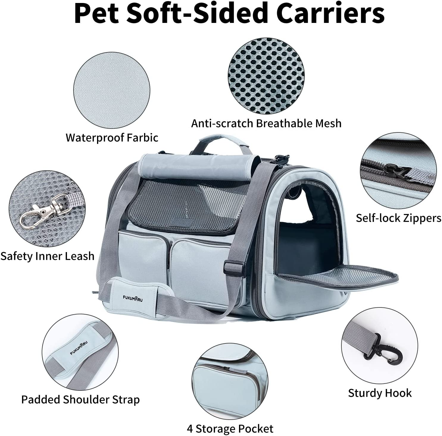 FUKUMARU Cat Carrier Airline Approved, Soft Sided Dog Carrier, Collapsible Cat Travel Bag, under 44 Lb Small Medium Large Pet Carrier, Rollable Cover for Nervous Cats, Grey image number 2
