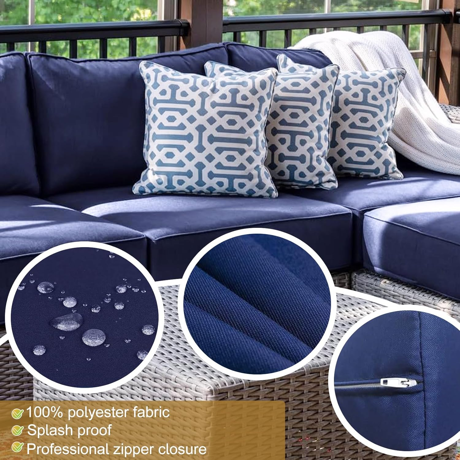 14 Piece Outdoor Patio Cushion Cover Replacement, Waterproof Patio Cushion Covers, Outdoor Furniture Cushion Covers Set for 6 Seat Wicker Rattan Sofa (Navy Blue) image number 4